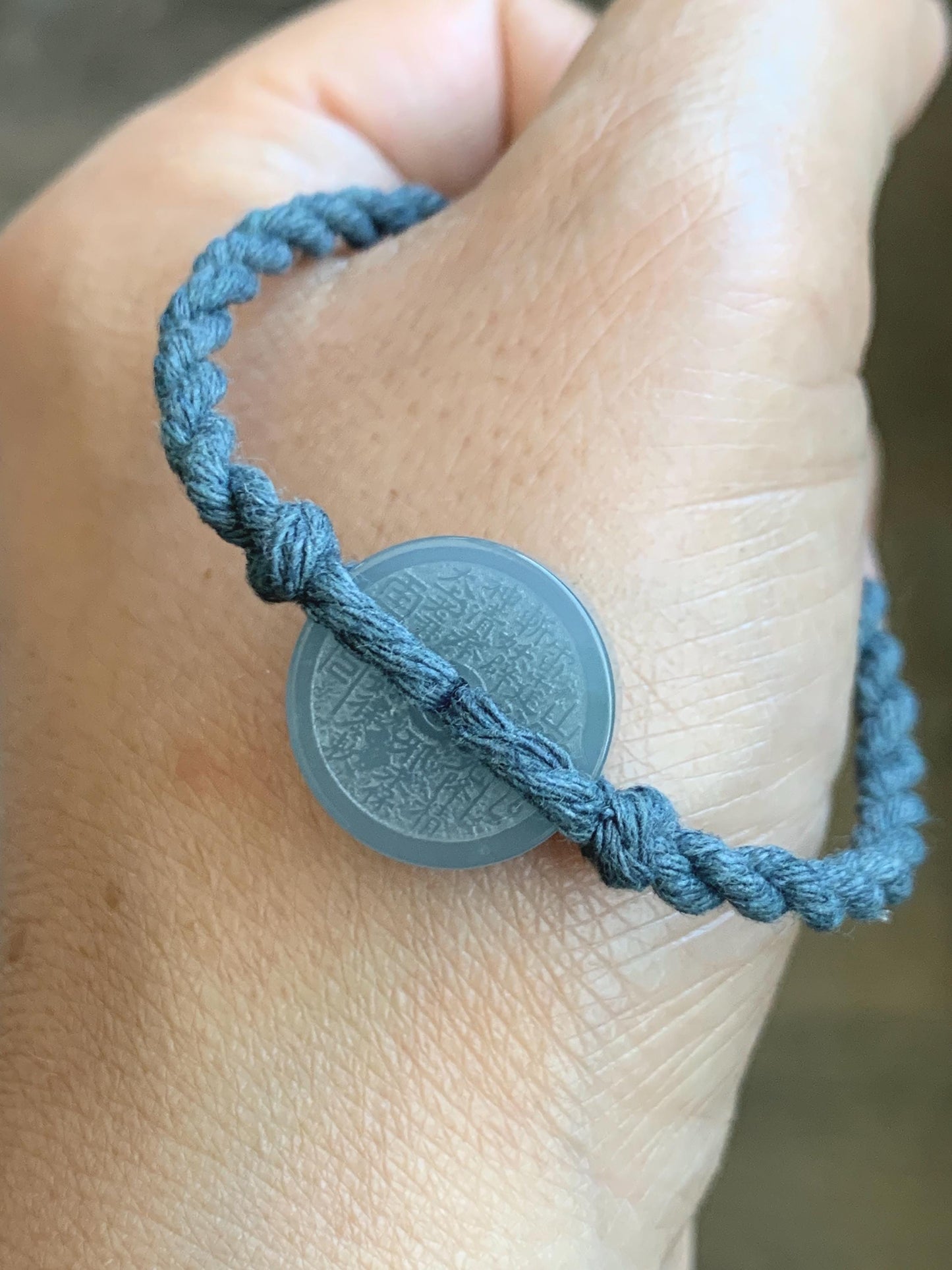 Natural Guatemalan Icy Translucent Dusty Blue Jadeite Mountain Ghost Eight Trigrams Coin Rope Bracelet Adjustable 6"-9" 天然冰危蓝翡翠山鬼护身符手绳
