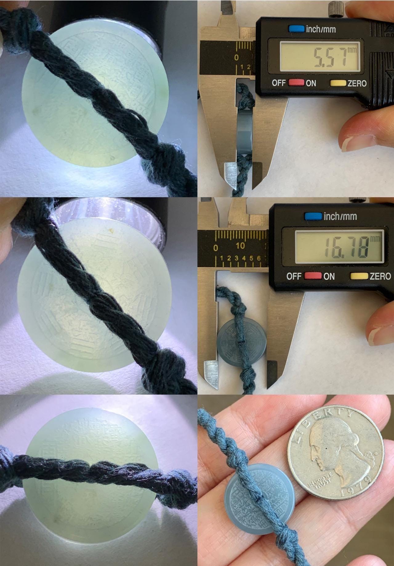 Natural Guatemalan Icy Translucent Dusty Blue Jadeite Mountain Ghost Eight Trigrams Coin Rope Bracelet Adjustable 6"-9" 天然冰危蓝翡翠山鬼护身符手绳