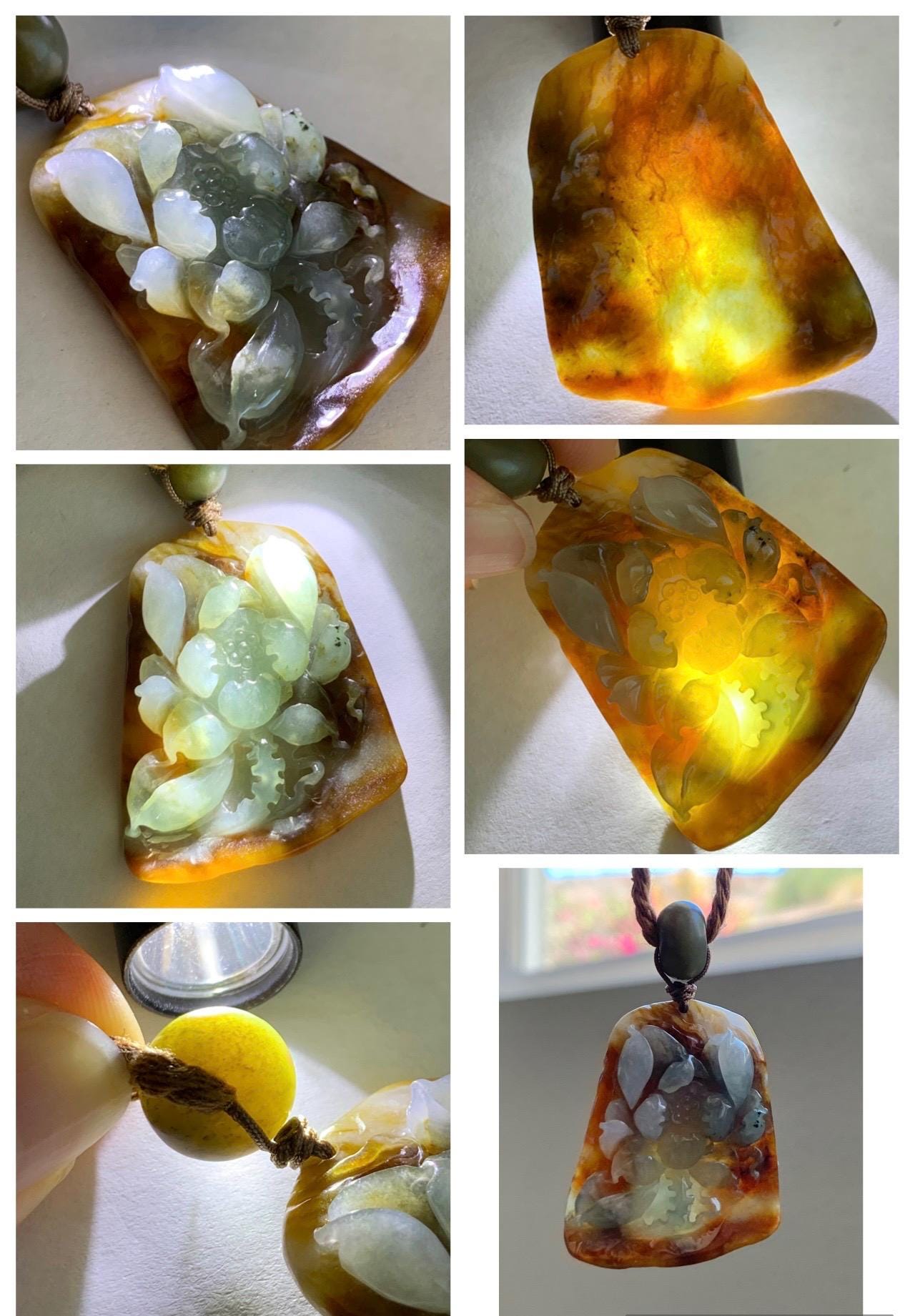 Natural Grade A Icy Translucent Tricolored Jade Jadeite Carved Lotus Flower Pendant Rope Necklace 25” 19g 天然冰三彩翡翠莲花牌吊坠项链 SCLH850
