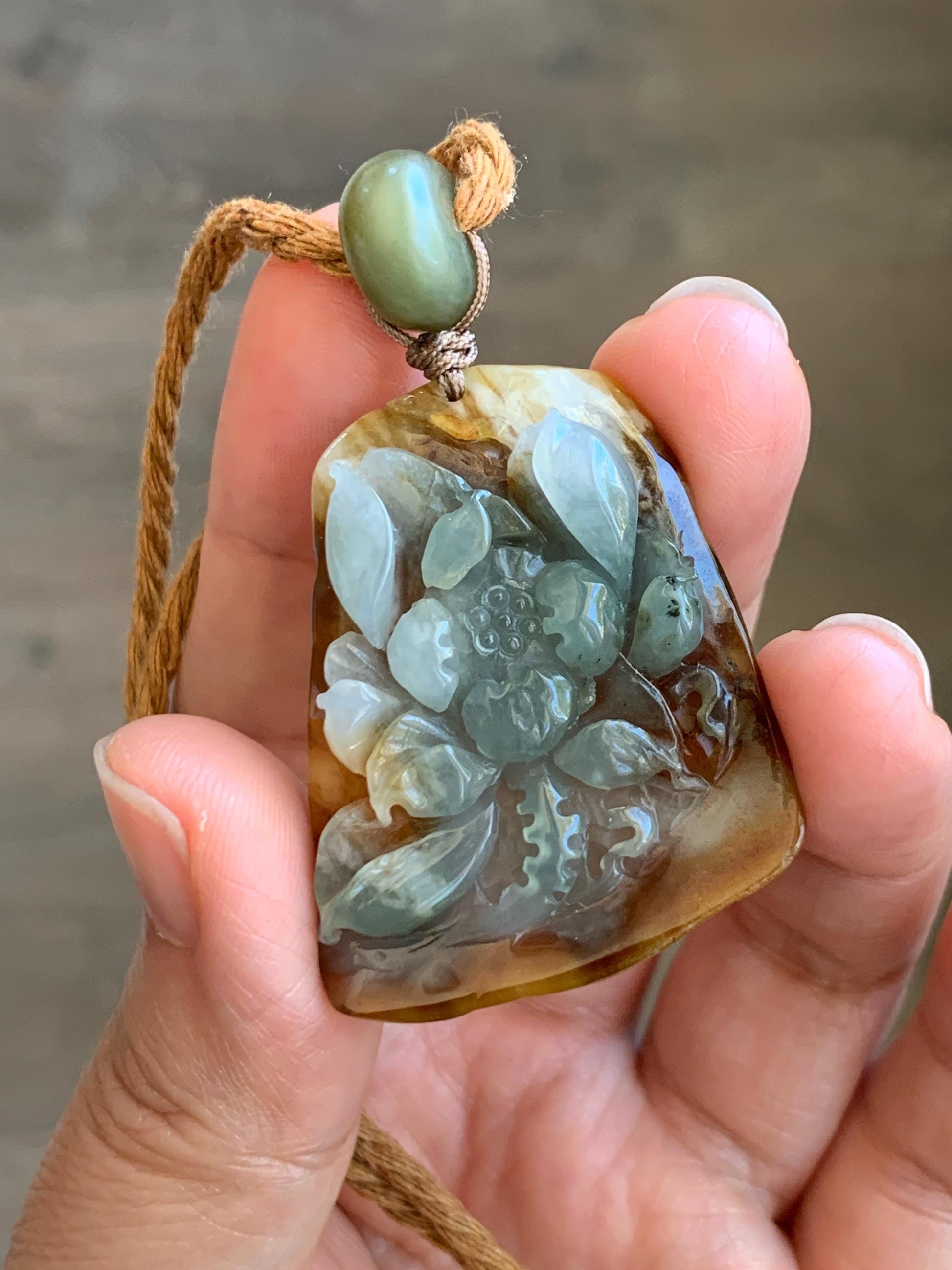 Natural Grade A Icy Translucent Tricolored Jade Jadeite Carved Lotus Flower Pendant Rope Necklace 25” 19g 天然冰三彩翡翠莲花牌吊坠项链 SCLH850