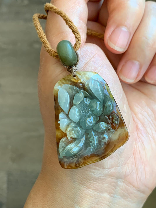 Natural Grade A Icy Translucent Tricolored Jade Jadeite Carved Lotus Flower Pendant Rope Necklace 25” 19g 天然冰三彩翡翠莲花牌吊坠项链 SCLH850