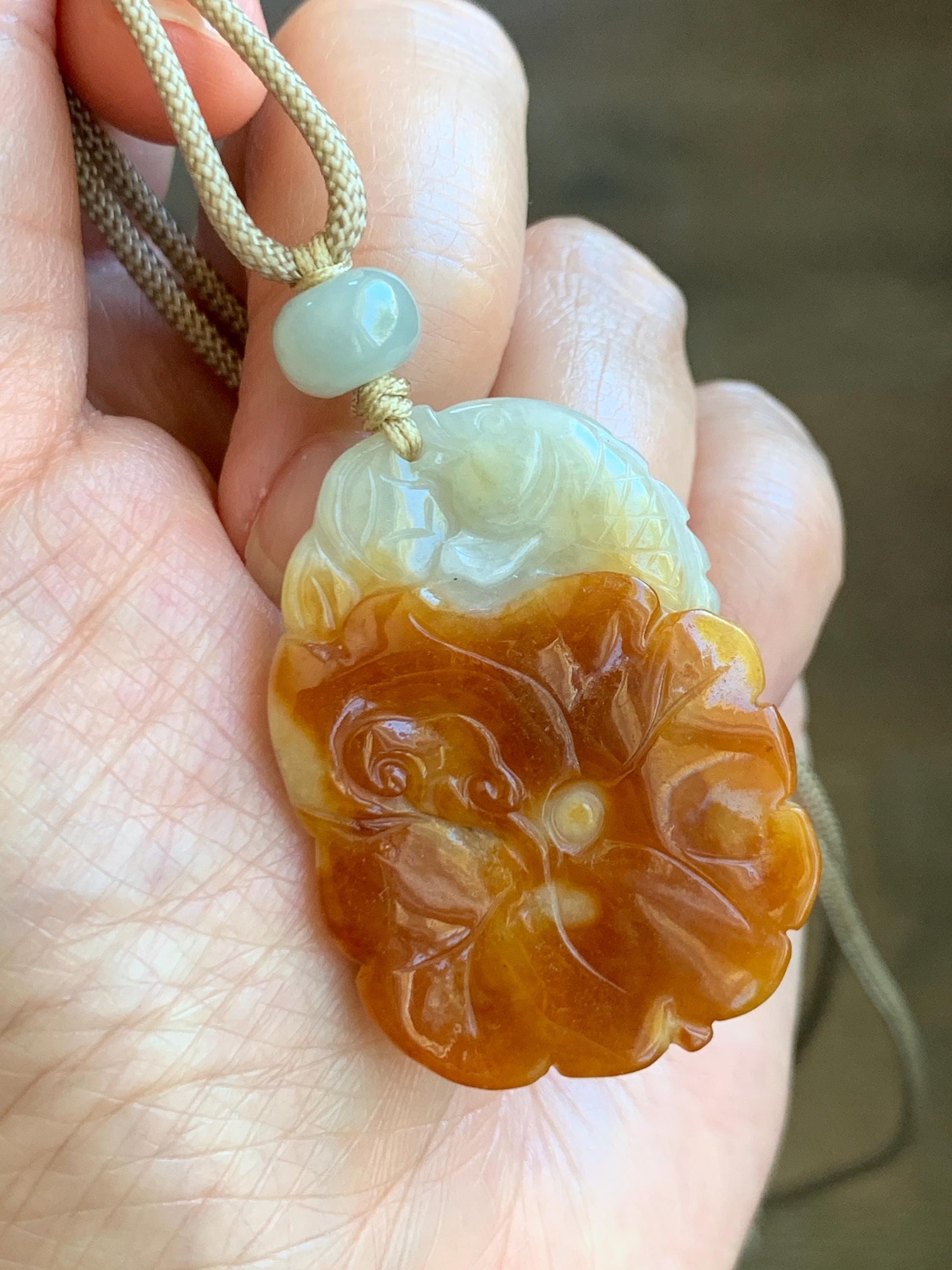 Natural Grade A Icy Translucent Bicolored Jade Jadeite Carved Lotus Flower Koi Fish Pendant Rope Necklace 26” 18g 天然冰双色翡翠荷花鱼吊坠项链 SSHY850