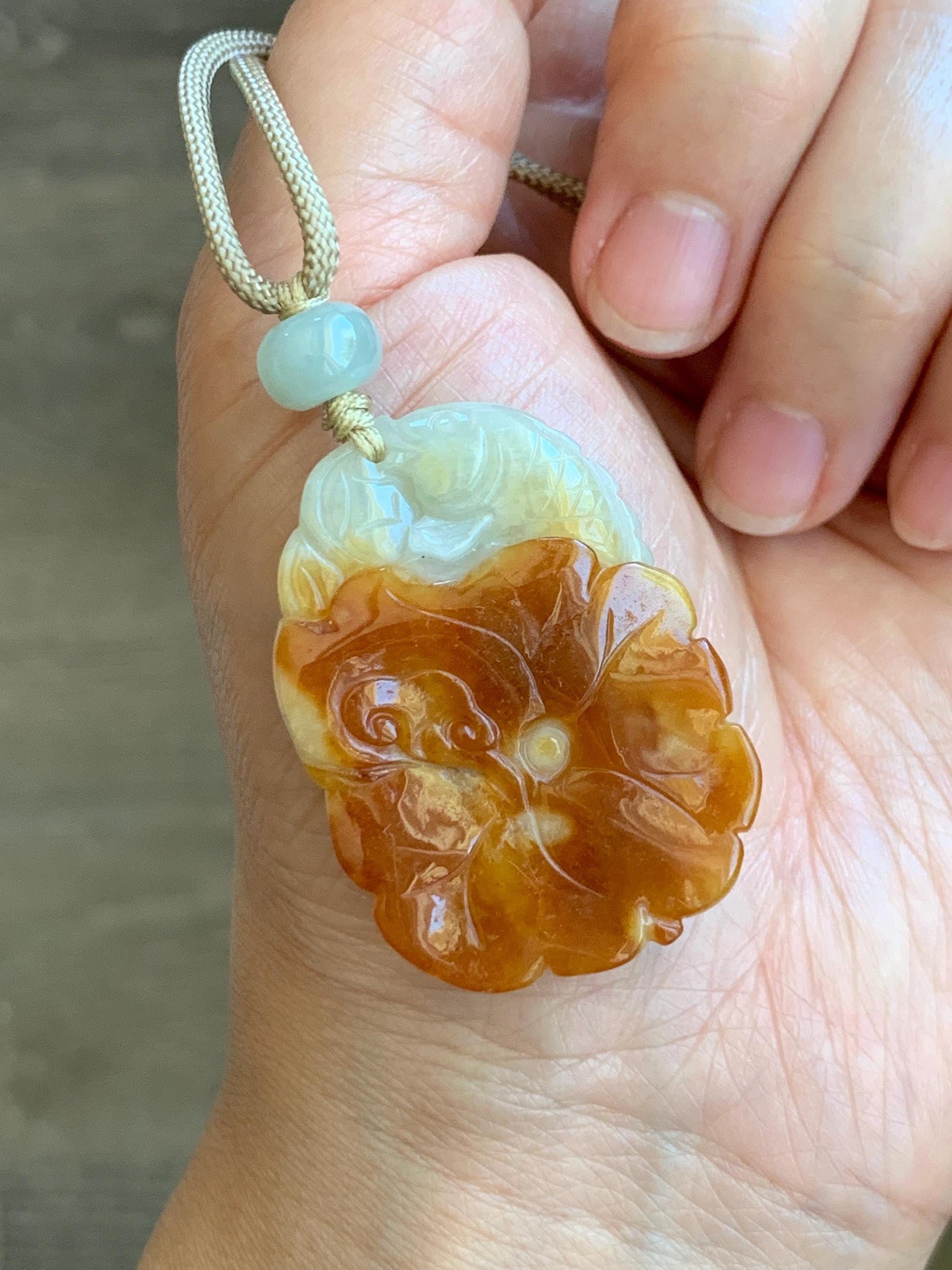 Natural Grade A Icy Translucent Bicolored Jade Jadeite Carved Lotus Flower Koi Fish Pendant Rope Necklace 26” 18g 天然冰双色翡翠荷花鱼吊坠项链 SSHY850