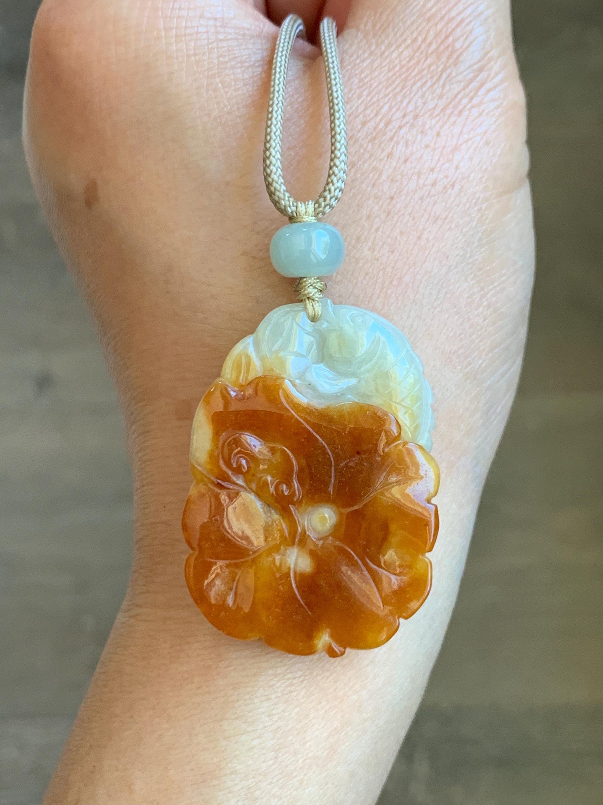 Natural Grade A Icy Translucent Bicolored Jade Jadeite Carved Lotus Flower Koi Fish Pendant Rope Necklace 26” 18g 天然冰双色翡翠荷花鱼吊坠项链 SSHY850
