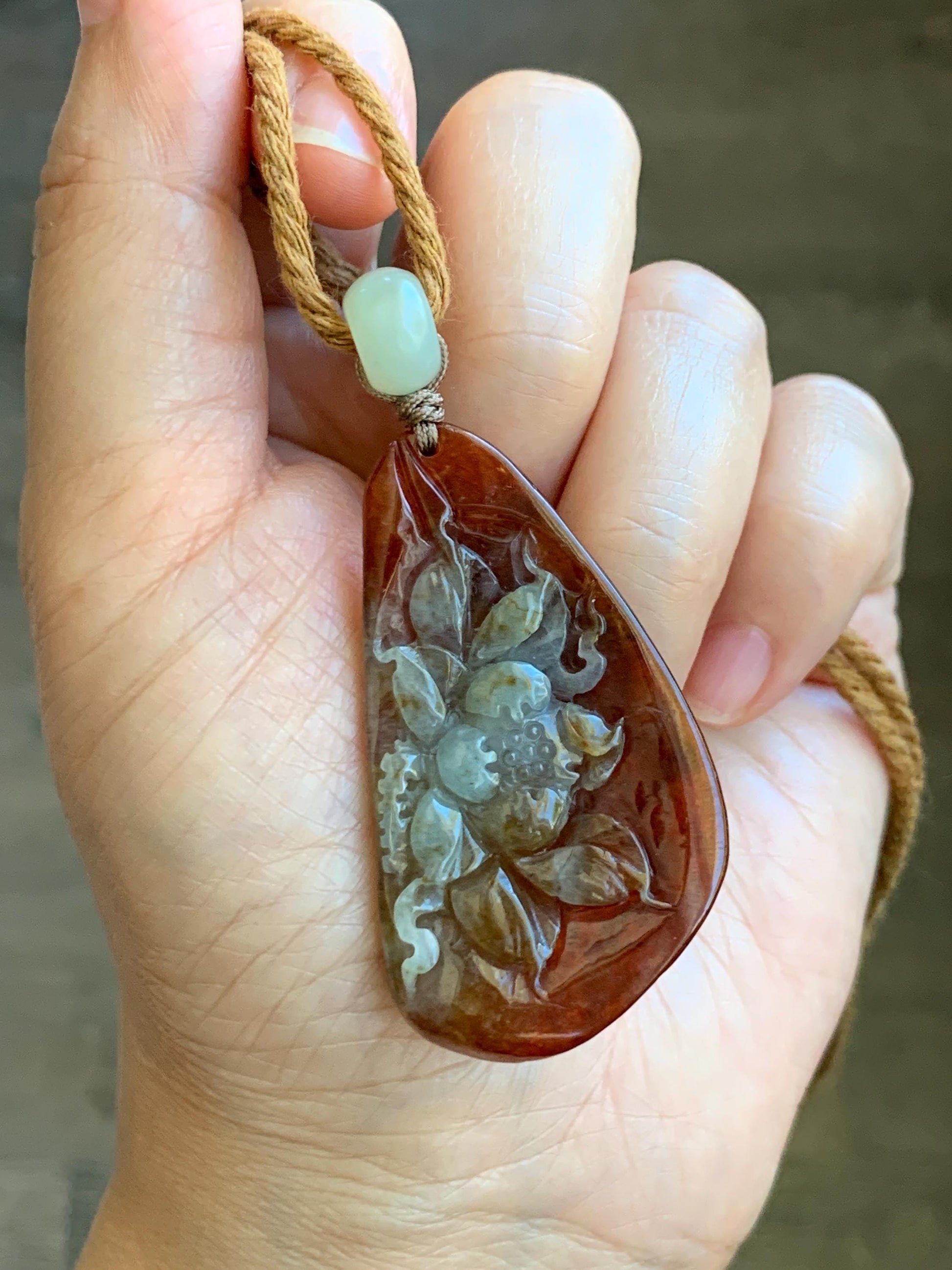 Certified Natural Grade A Icy Highly Translucent Red & Beige Jade Jadeite Lotus Flower Pendant Rope Necklace 26” 19g 天然冰红双色翡翠莲花吊坠项链 9427