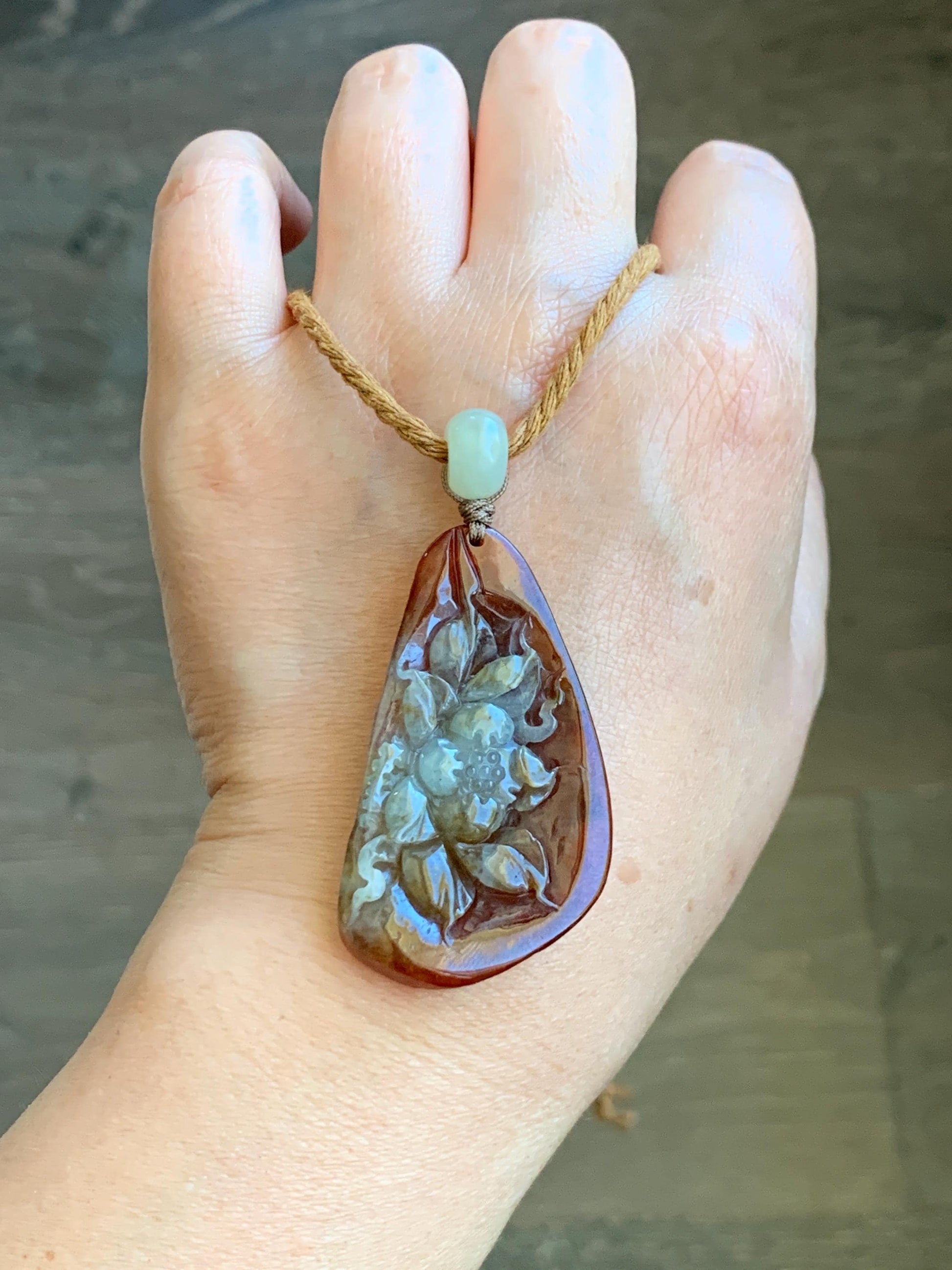 Certified Natural Grade A Icy Highly Translucent Red & Beige Jade Jadeite Lotus Flower Pendant Rope Necklace 26” 19g 天然冰红双色翡翠莲花吊坠项链 9427