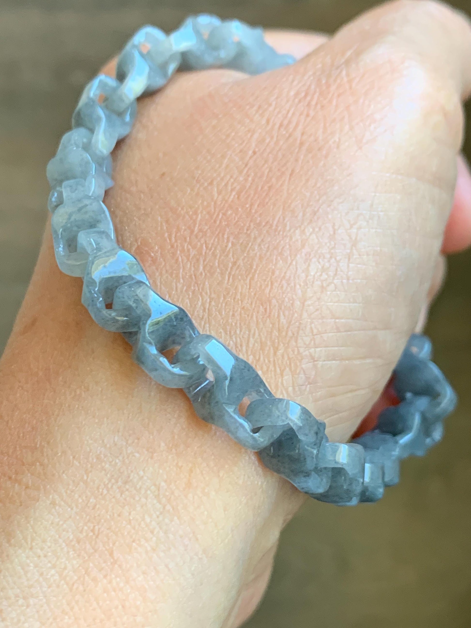 Certified Natural Grade A Icy Translucent Wuji Jadeite Interlocking Dragon Bone Link Chain Bracelet Sterling Silver 8.5” 天然冰胶乌鸡翡翠龙骨链手链 9468