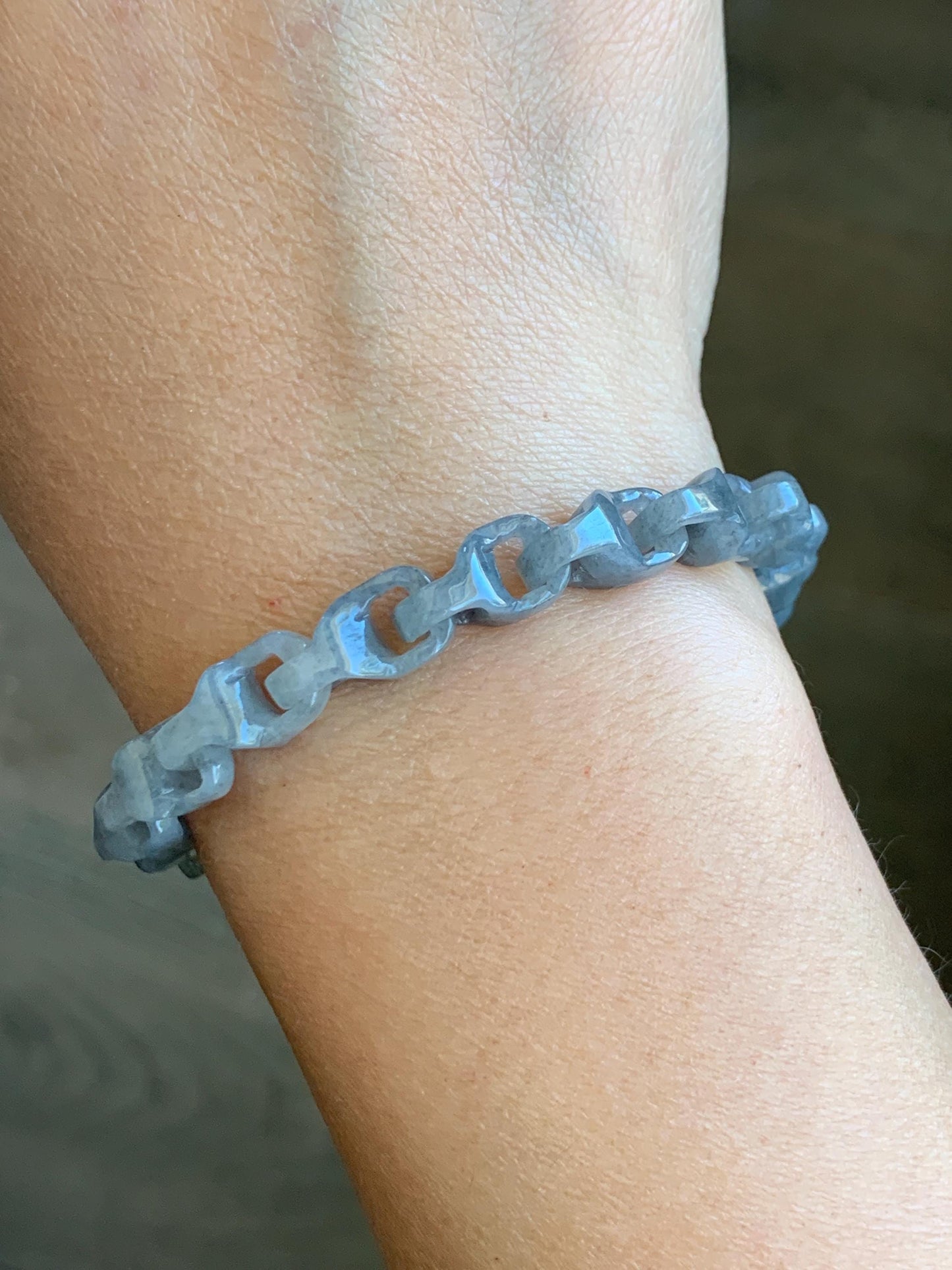 Certified Natural Grade A Icy Translucent Wuji Jadeite Interlocking Dragon Bone Link Chain Bracelet Sterling Silver 8.5” 天然冰胶乌鸡翡翠龙骨链手链 9468