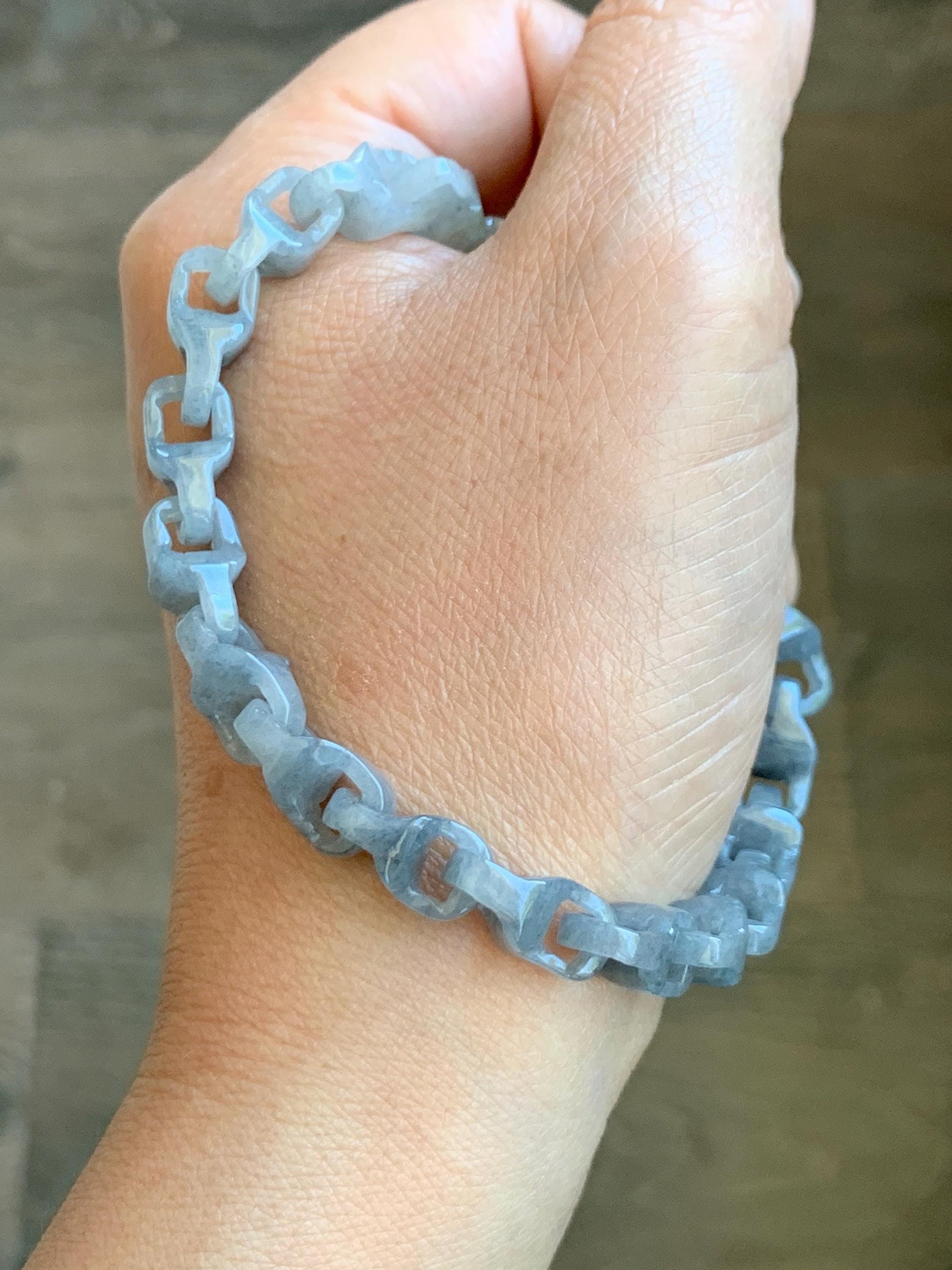 Certified Natural Grade A Icy Translucent Wuji Jadeite Interlocking Dragon Bone Link Chain Bracelet Sterling Silver 8.5” 天然冰胶乌鸡翡翠龙骨链手链 9468
