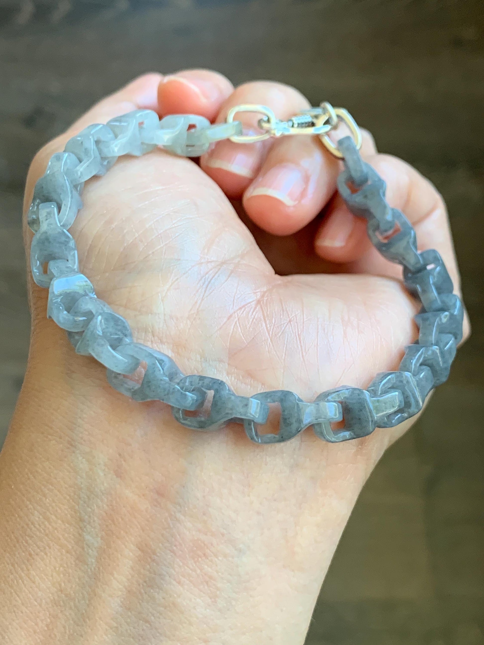 Certified Natural Grade A Icy Translucent Wuji Jadeite Interlocking Dragon Bone Link Chain Bracelet Sterling Silver 8.5” 天然冰胶乌鸡翡翠龙骨链手链 9468