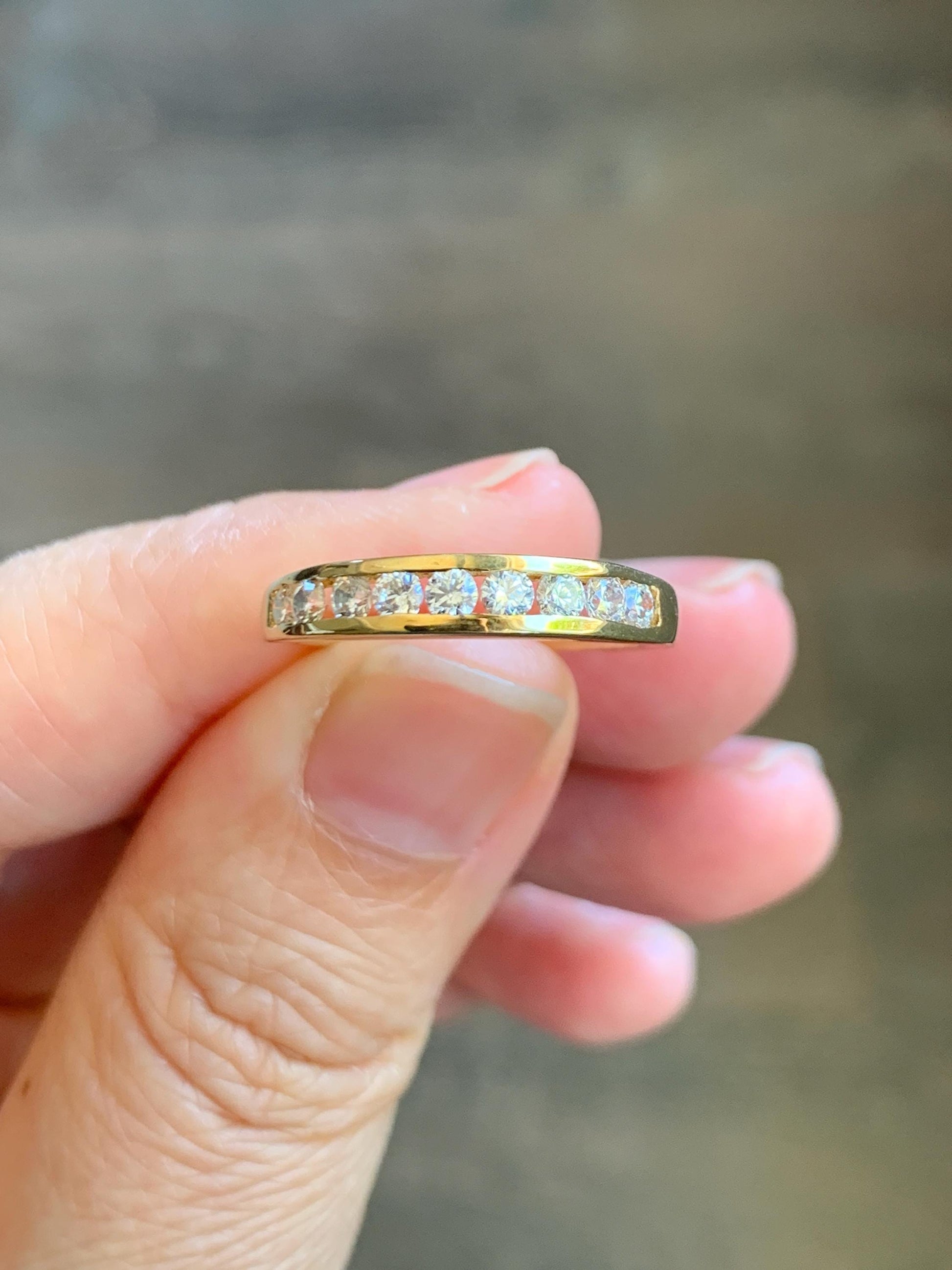 Genuine Swarovski Zirconia Round Cut 9-Stone Channel Set Band Style Ring Sterling Silver Yellow Gold Overlay Size 7 US 3g