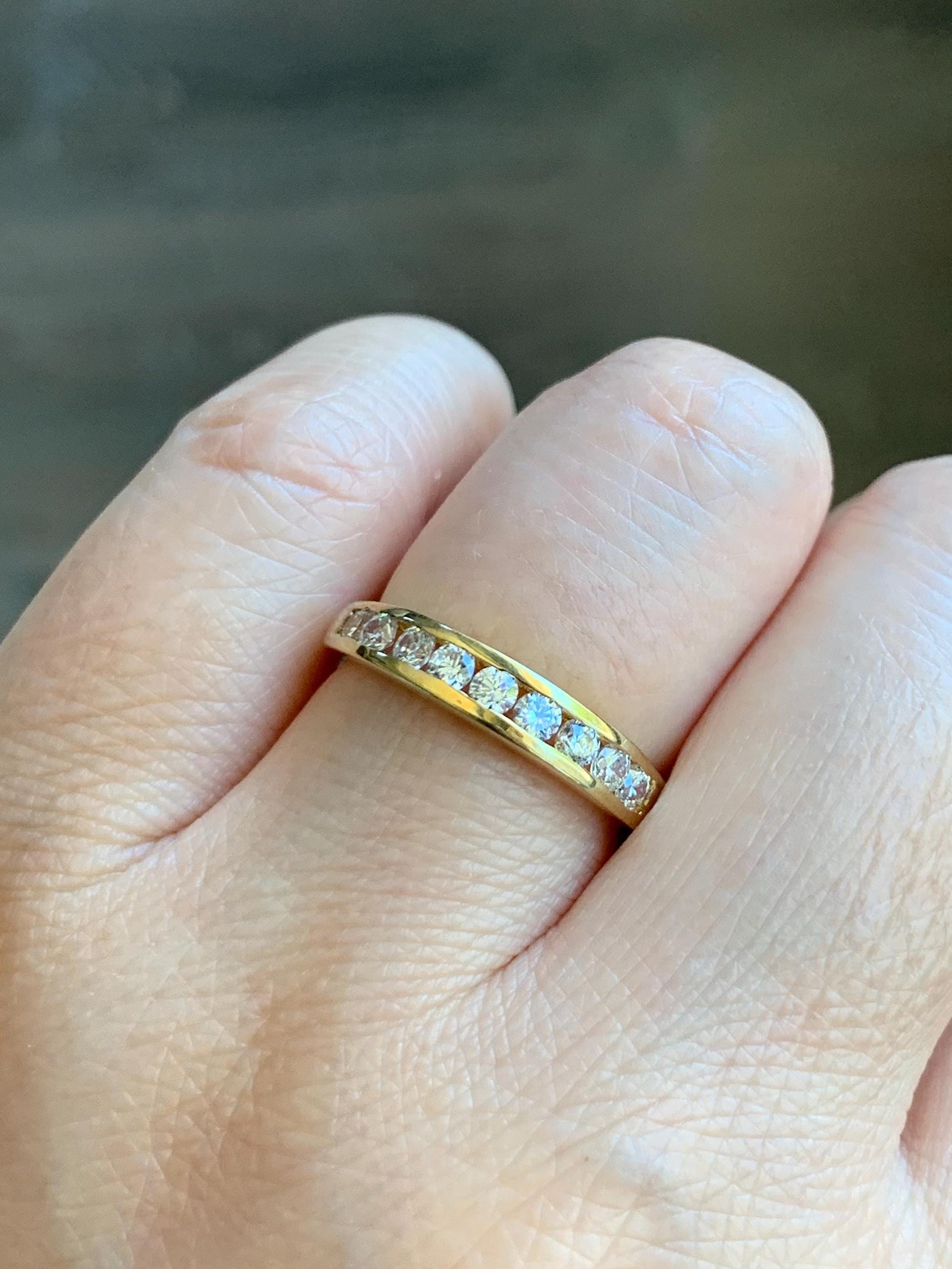 Genuine Swarovski Zirconia Round Cut 9-Stone Channel Set Band Style Ring Sterling Silver Yellow Gold Overlay Size 7 US 3g