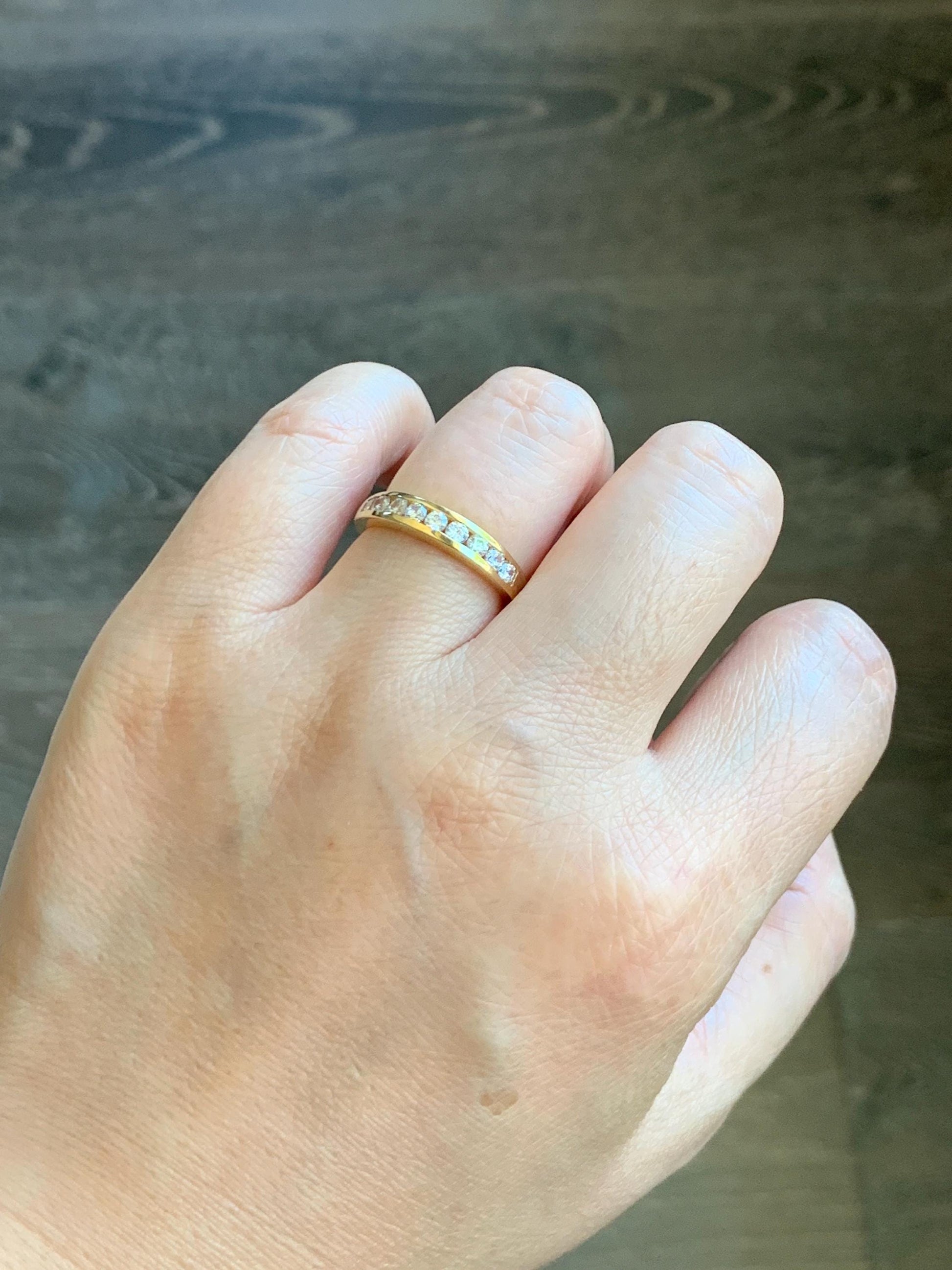Genuine Swarovski Zirconia Round Cut 9-Stone Channel Set Band Style Ring Sterling Silver Yellow Gold Overlay Size 7 US 3g