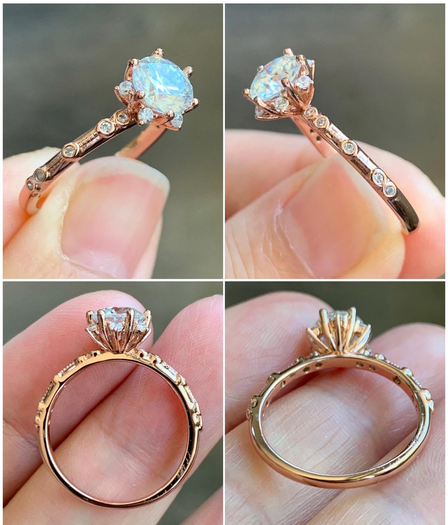 Genuine Moissanite Round Brilliant Cut Solitaire Ring with Accents Solid Sterling Silver Rose Gold Size 7 US 2g 1.00 ctw 7mm Engagement Ring