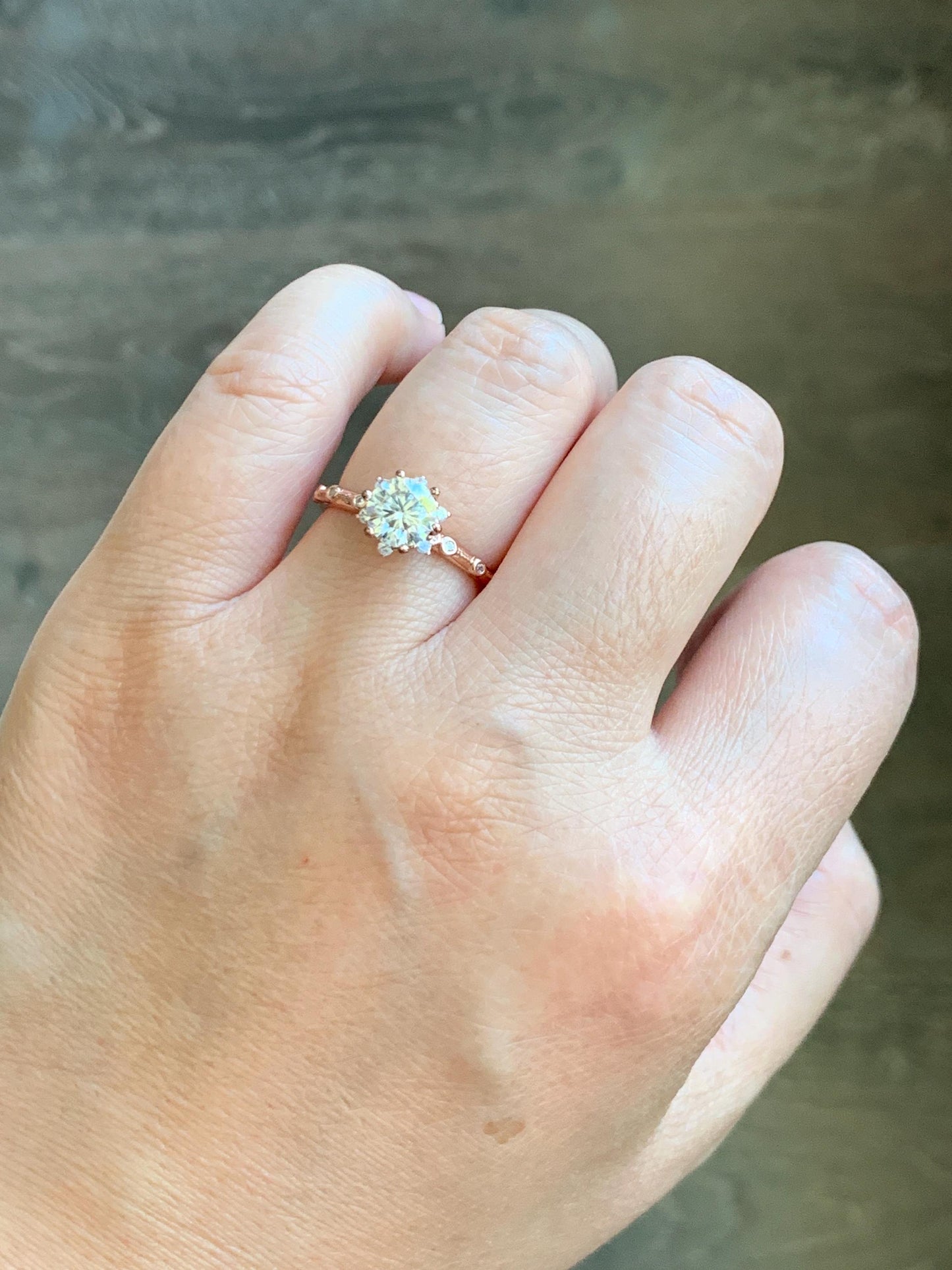 Genuine Moissanite Round Brilliant Cut Solitaire Ring with Accents Solid Sterling Silver Rose Gold Size 7 US 2g 1.00 ctw 7mm Engagement Ring