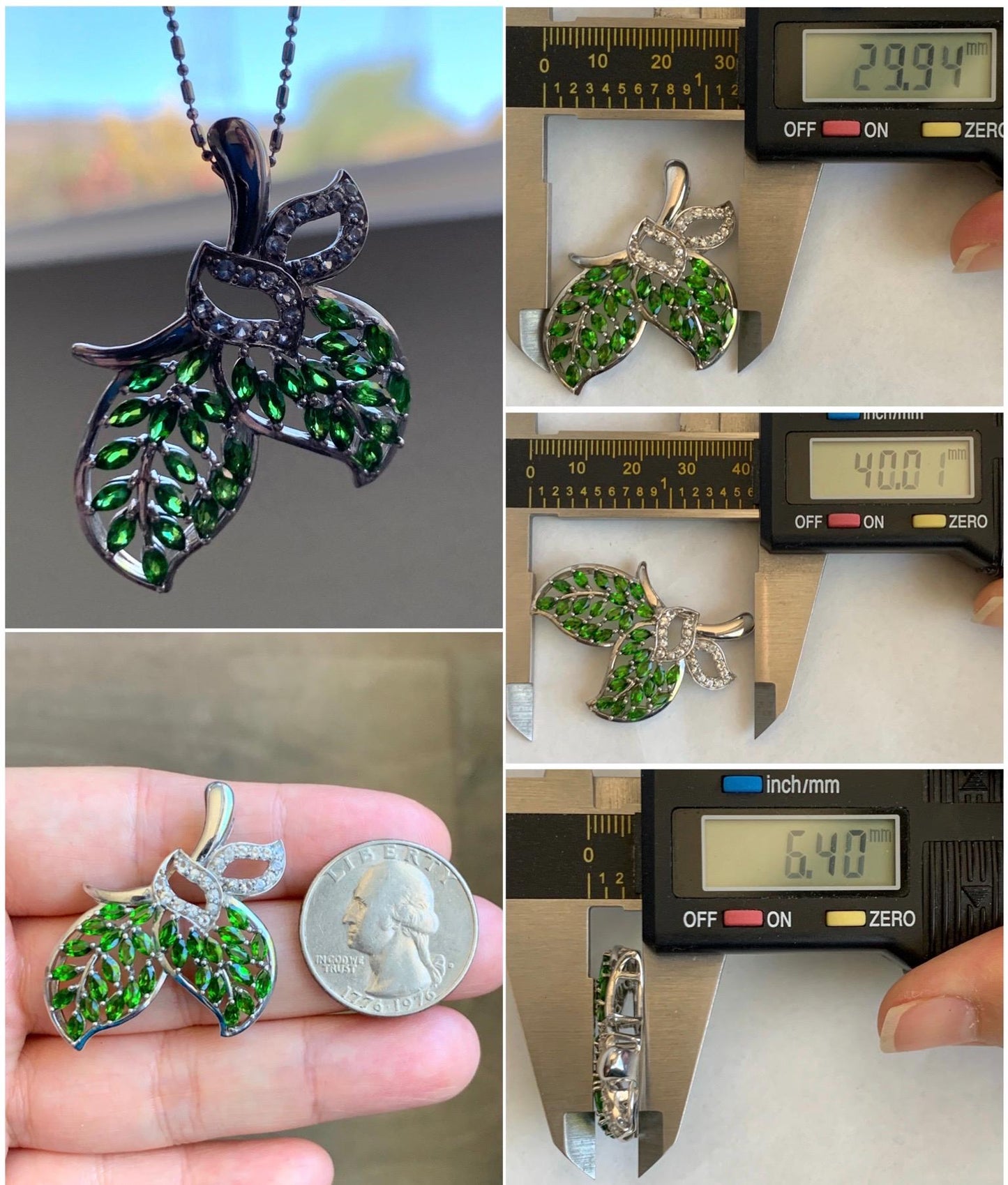 Large Natural Genuine Unheated Green Chrome Diopside Marquise Cut and Natural White Topaz Cluster Leaf Design Pendant Sterling Silver 6g