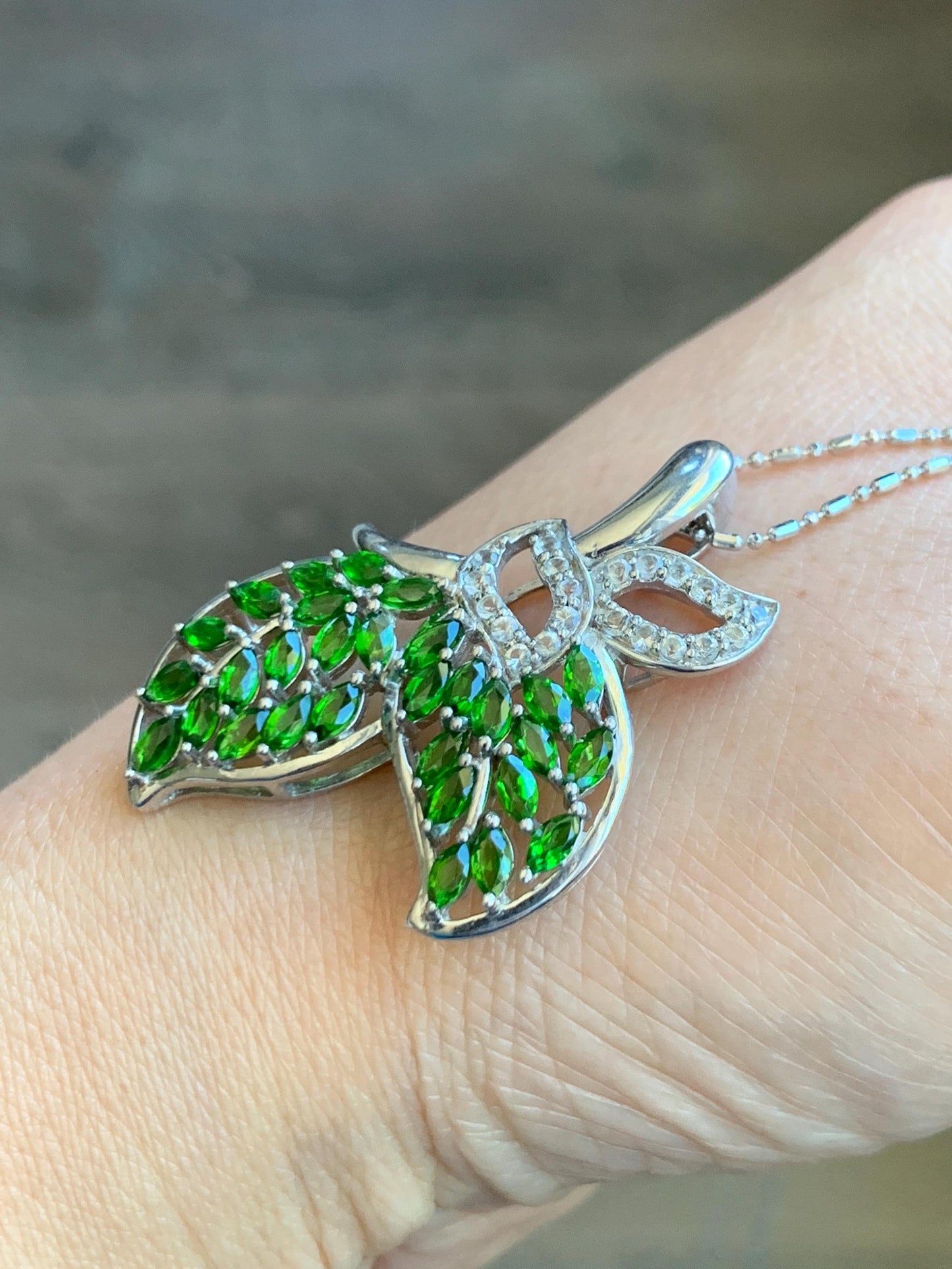 Large Natural Genuine Unheated Green Chrome Diopside Marquise Cut and Natural White Topaz Cluster Leaf Design Pendant Sterling Silver 6g