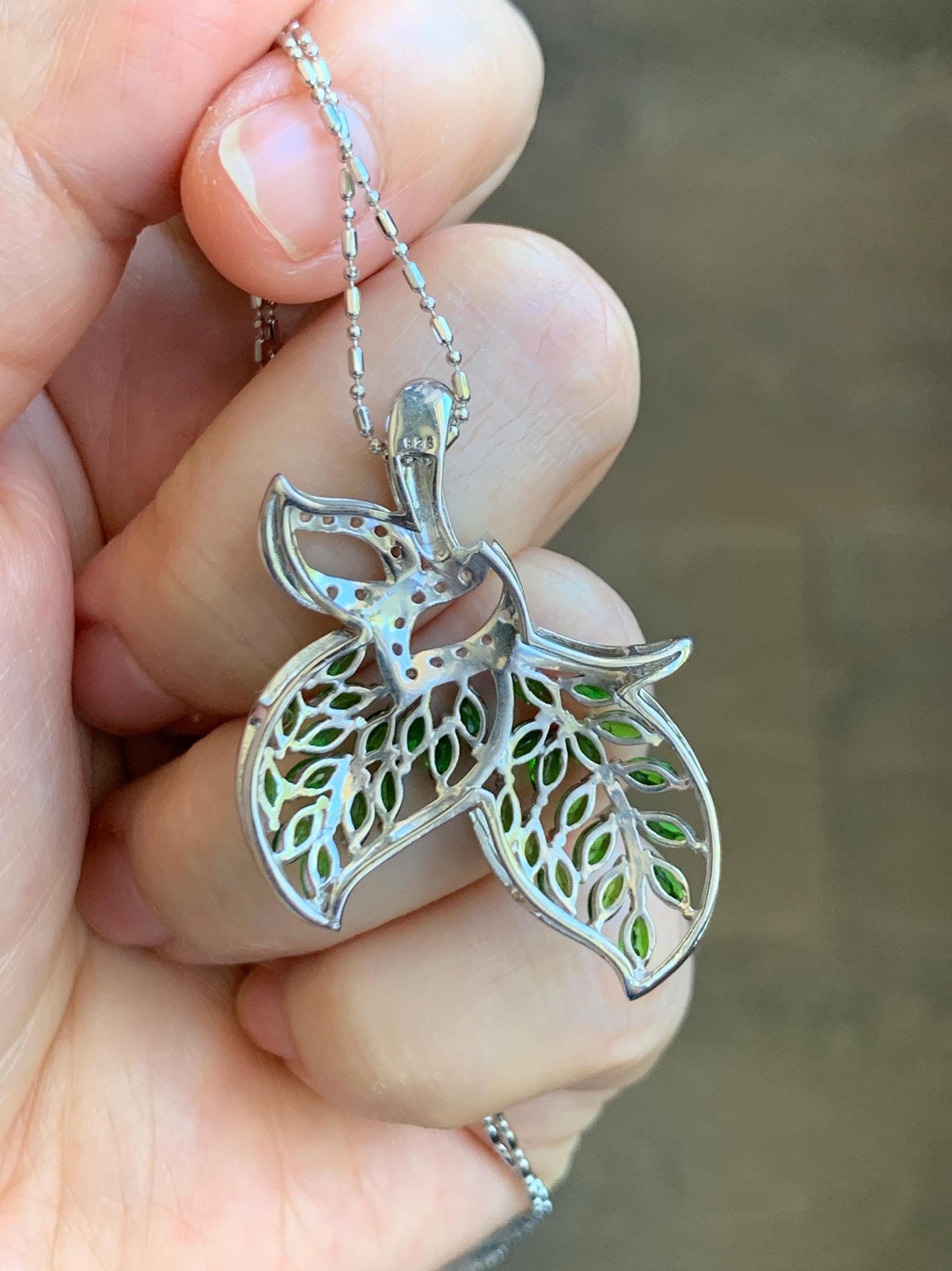 Large Natural Genuine Unheated Green Chrome Diopside Marquise Cut and Natural White Topaz Cluster Leaf Design Pendant Sterling Silver 6g