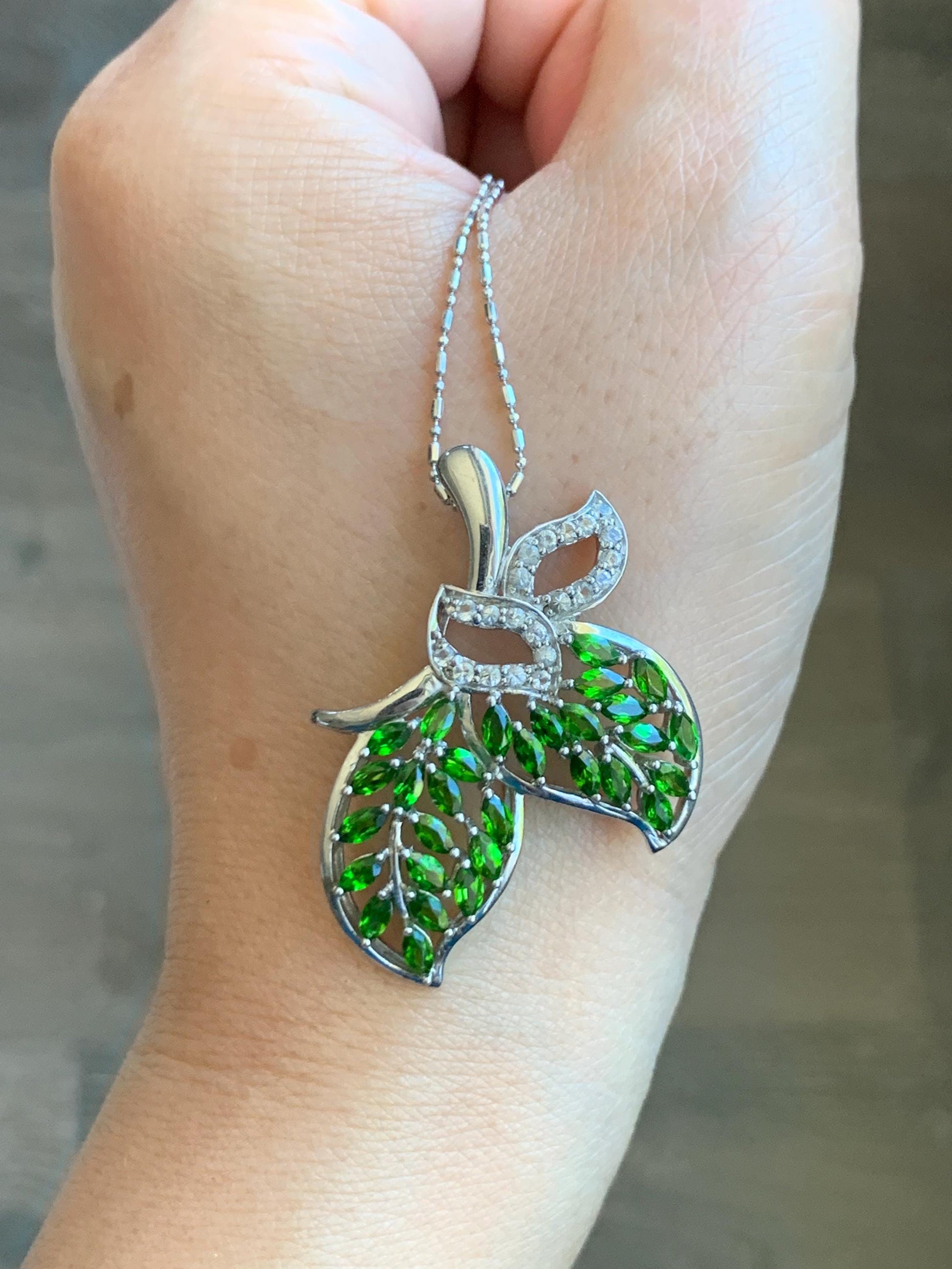 Large Natural Genuine Unheated Green Chrome Diopside Marquise Cut and Natural White Topaz Cluster Leaf Design Pendant Sterling Silver 6g
