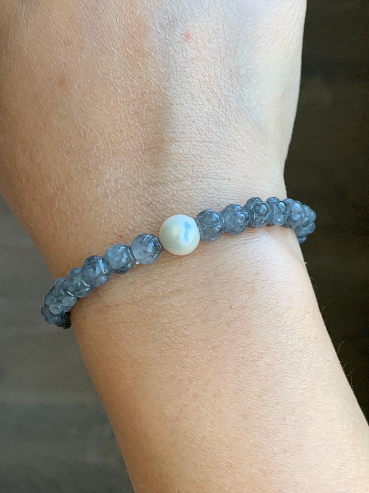 Natural Grade A Icy Highly Translucent Gelatinous Wuji Jadeite Lotus Flower Beads Freshwater Pearl Beaded Bracelet 7” 天然冰胶乌鸡翡翠莲花珠珍珠手串 BWZ228