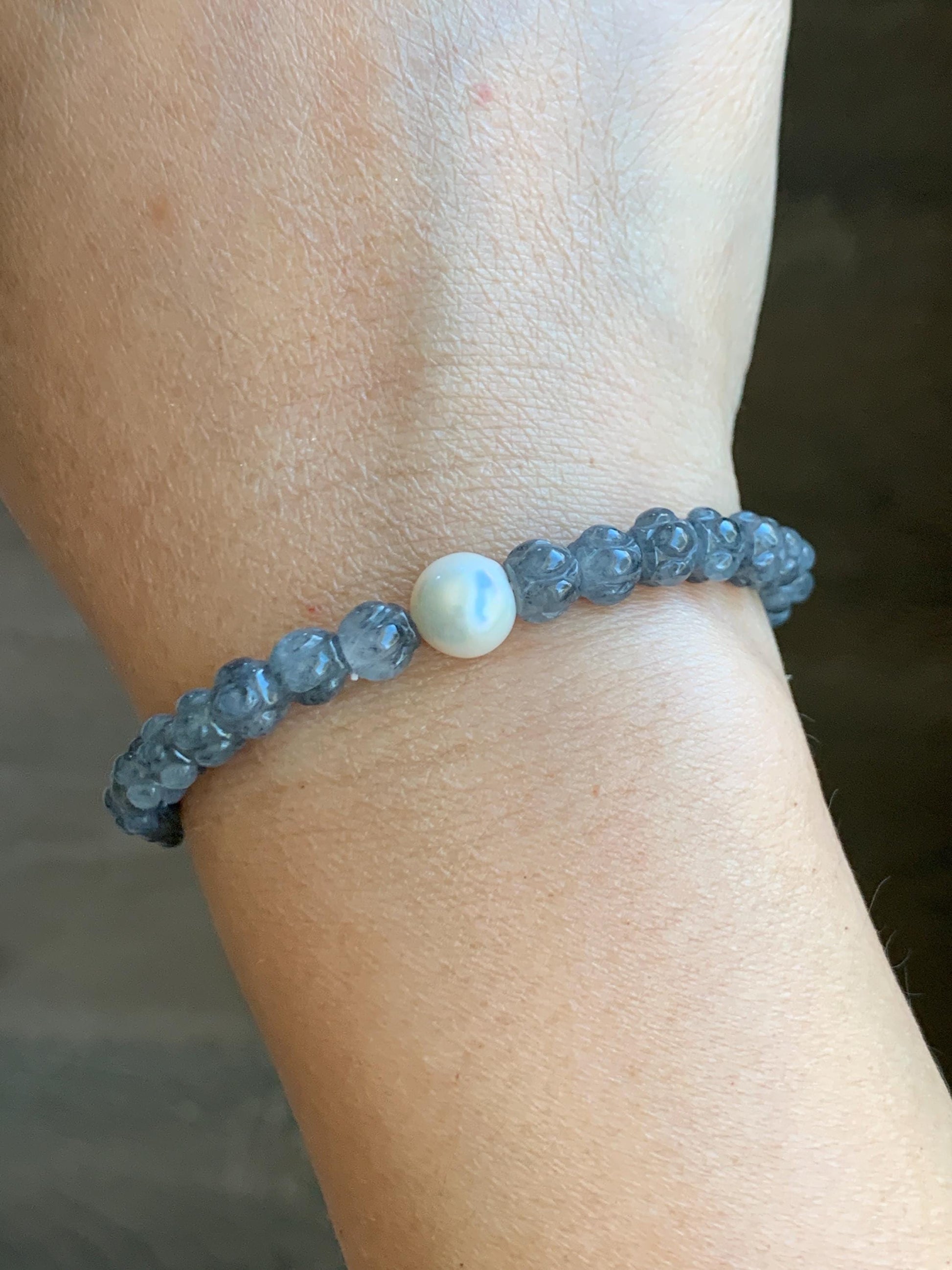 Natural Grade A Icy Highly Translucent Gelatinous Wuji Jadeite Lotus Flower Beads Freshwater Pearl Beaded Bracelet 7” 天然冰胶乌鸡翡翠莲花珠珍珠手串 BWZ228