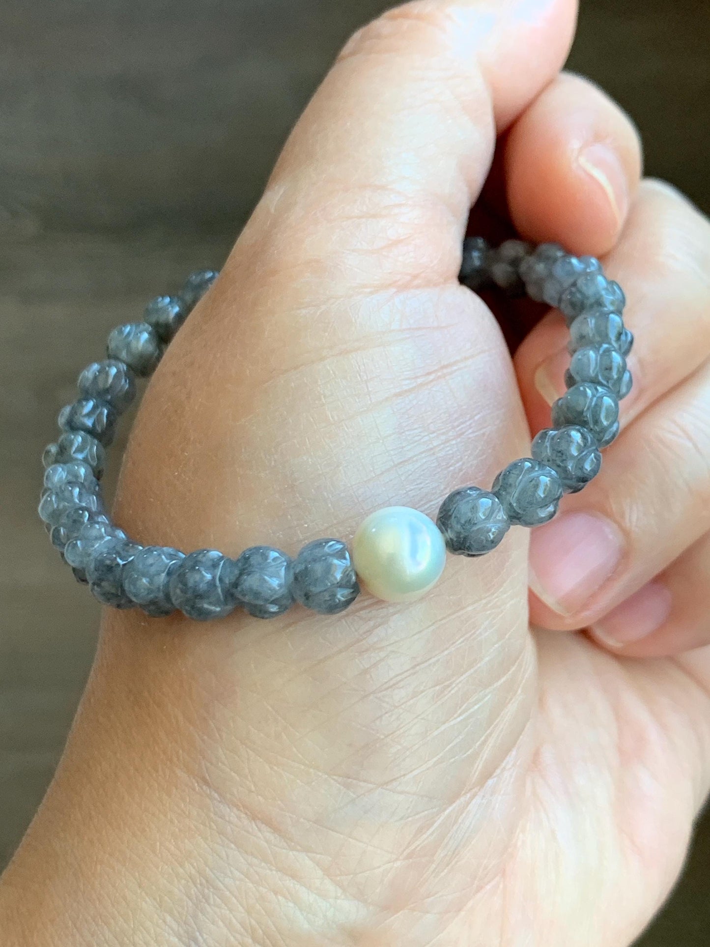 Natural Grade A Icy Highly Translucent Gelatinous Wuji Jadeite Lotus Flower Beads Freshwater Pearl Beaded Bracelet 7” 天然冰胶乌鸡翡翠莲花珠珍珠手串 BWZ228