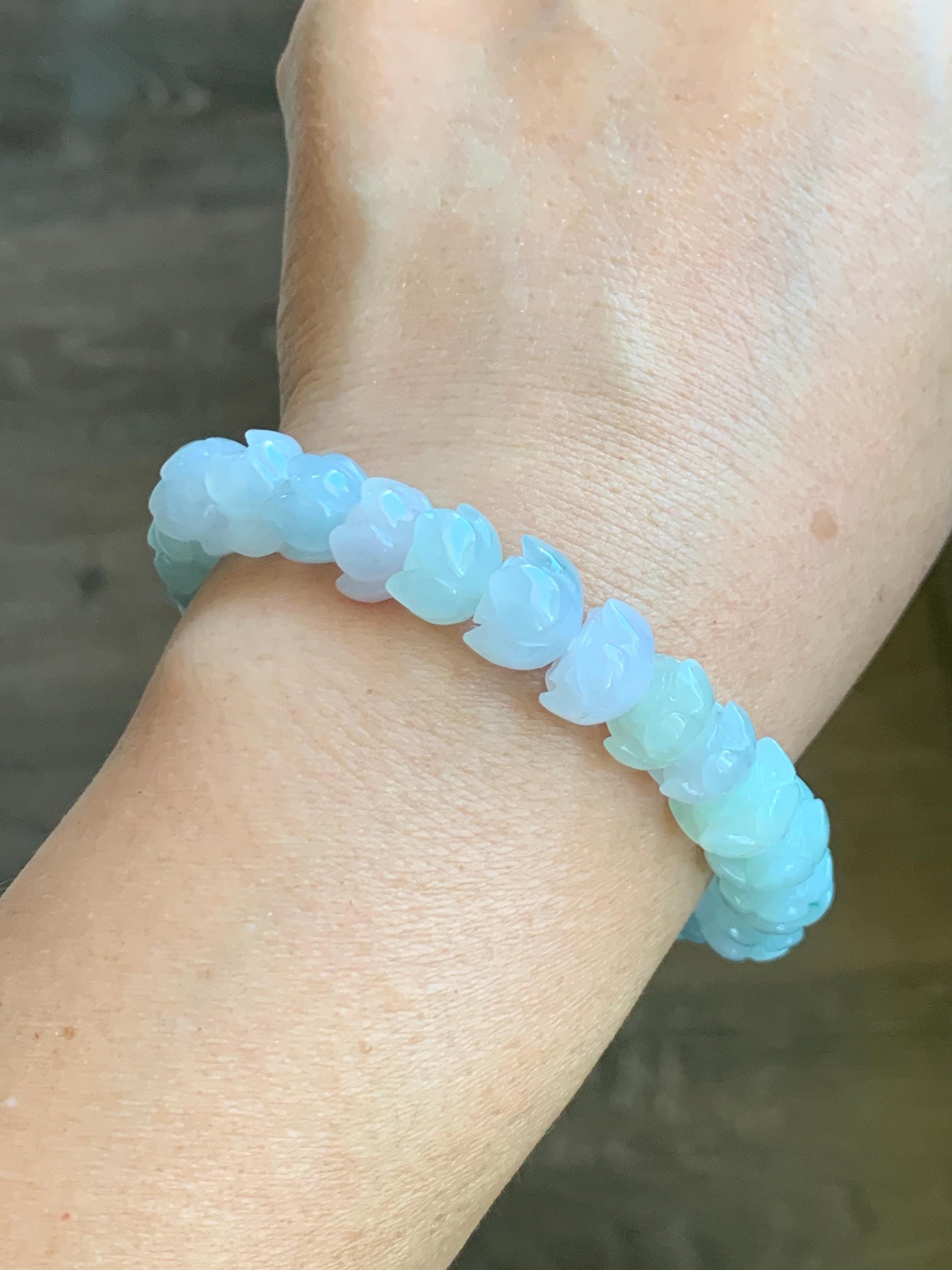 Natural Grade A Icy Translucent Gelatinous Multicolored Jadeite Lotus Flower Beads Beaded Bracelet 10.5mm 7.25” 36g 天然冰胶多宝马卡龙翡翠莲花珠手串 DBLH22