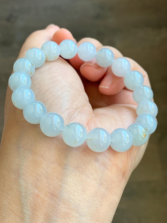 Certified Natural Grade A Icy Translucent Gelatinous Pastel Blue Golden Marbled Jadeite Beaded Bracelet 9.8mm 7” 天然老种冰胶淡蓝底撒金翡翠大卡圆珠手串 9408