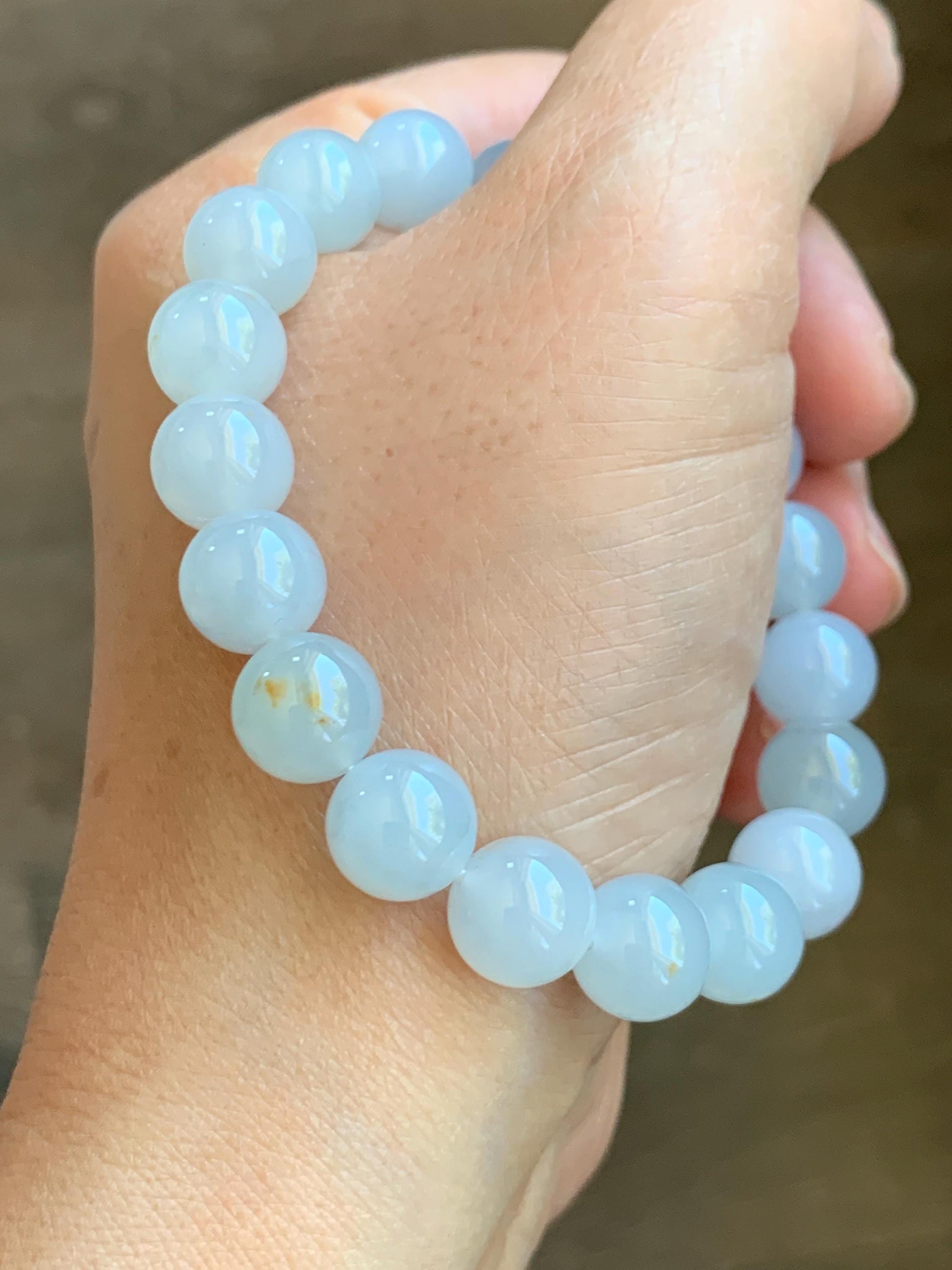 Certified Natural Grade A Icy Translucent Gelatinous Pastel Blue Golden Marbled Jadeite Beaded Bracelet 9.8mm 7” 天然老种冰胶淡蓝底撒金翡翠大卡圆珠手串 9408
