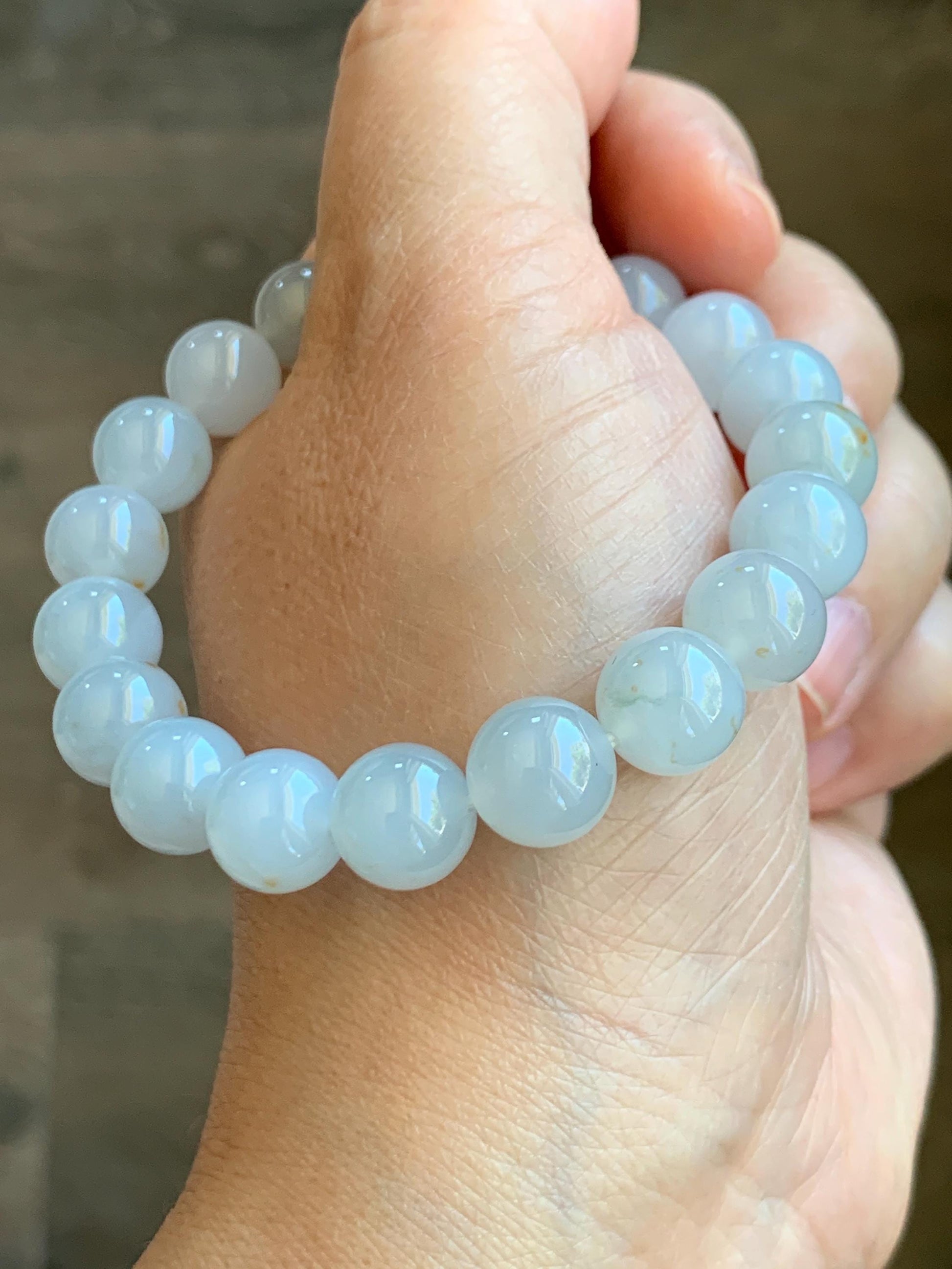 Certified Natural Grade A Icy Translucent Gelatinous Pastel Blue Golden Marbled Jadeite Beaded Bracelet 9.8mm 7” 天然老种冰胶淡蓝底撒金翡翠大卡圆珠手串 9408