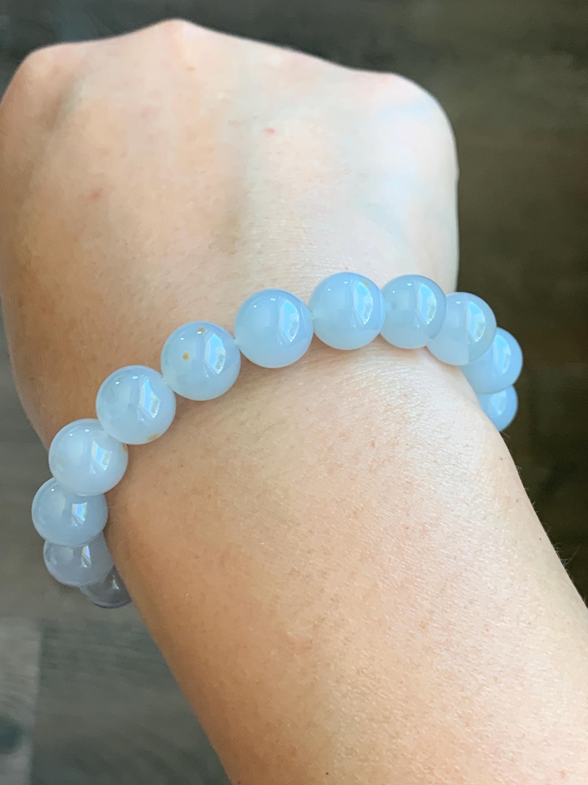 Certified Natural Grade A Icy Translucent Gelatinous Pastel Blue Golden Marbled Jadeite Beaded Bracelet 9.8mm 7” 天然老种冰胶淡蓝底撒金翡翠大卡圆珠手串 9408