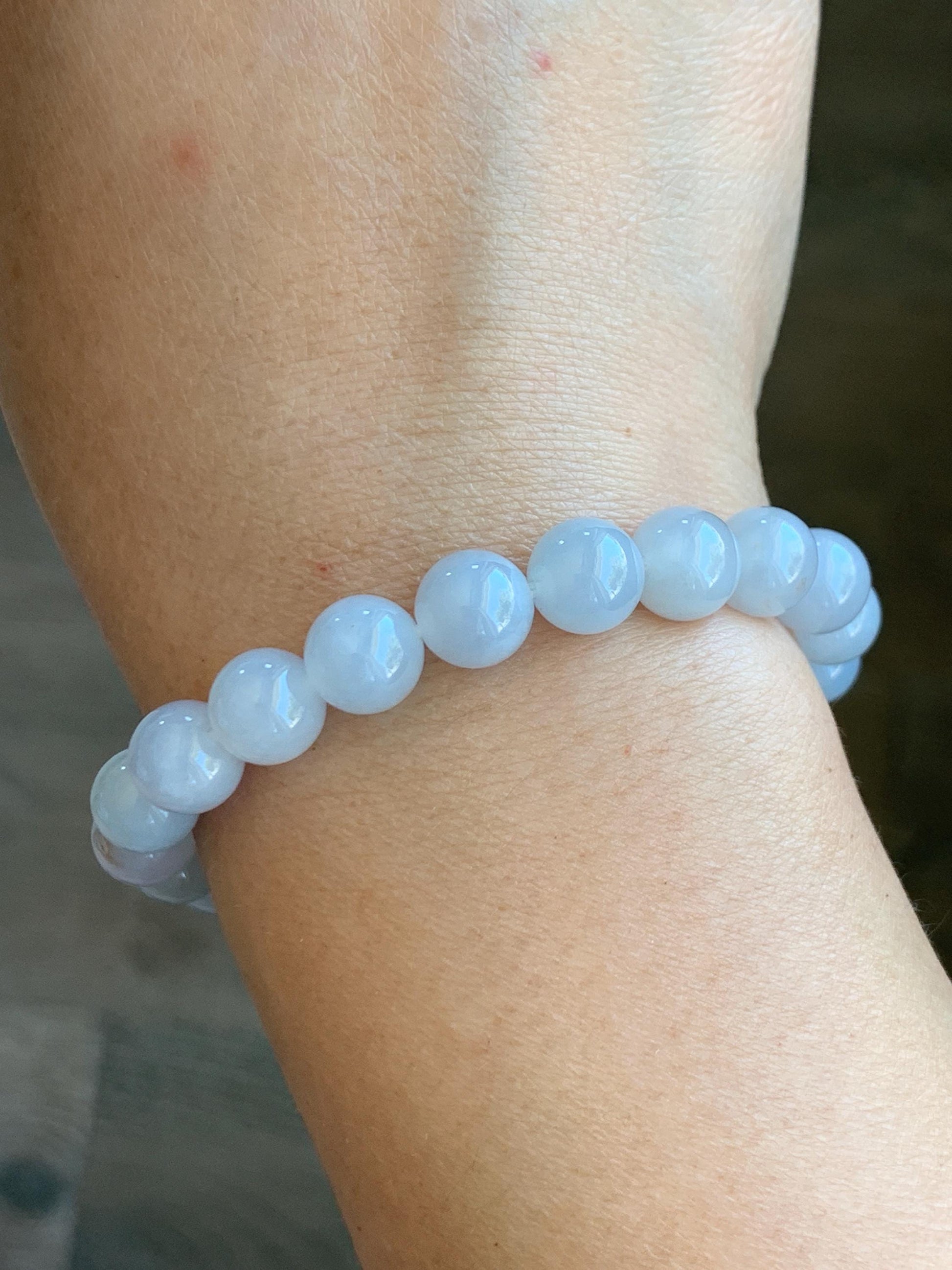 Certified Natural Grade A Icy Translucent Gelatinous Pastel Blue Golden Marbled Jadeite Beaded Bracelet 8.7mm 7.25” 天然老种冰胶淡蓝底撒金翡翠圆珠手串 9409