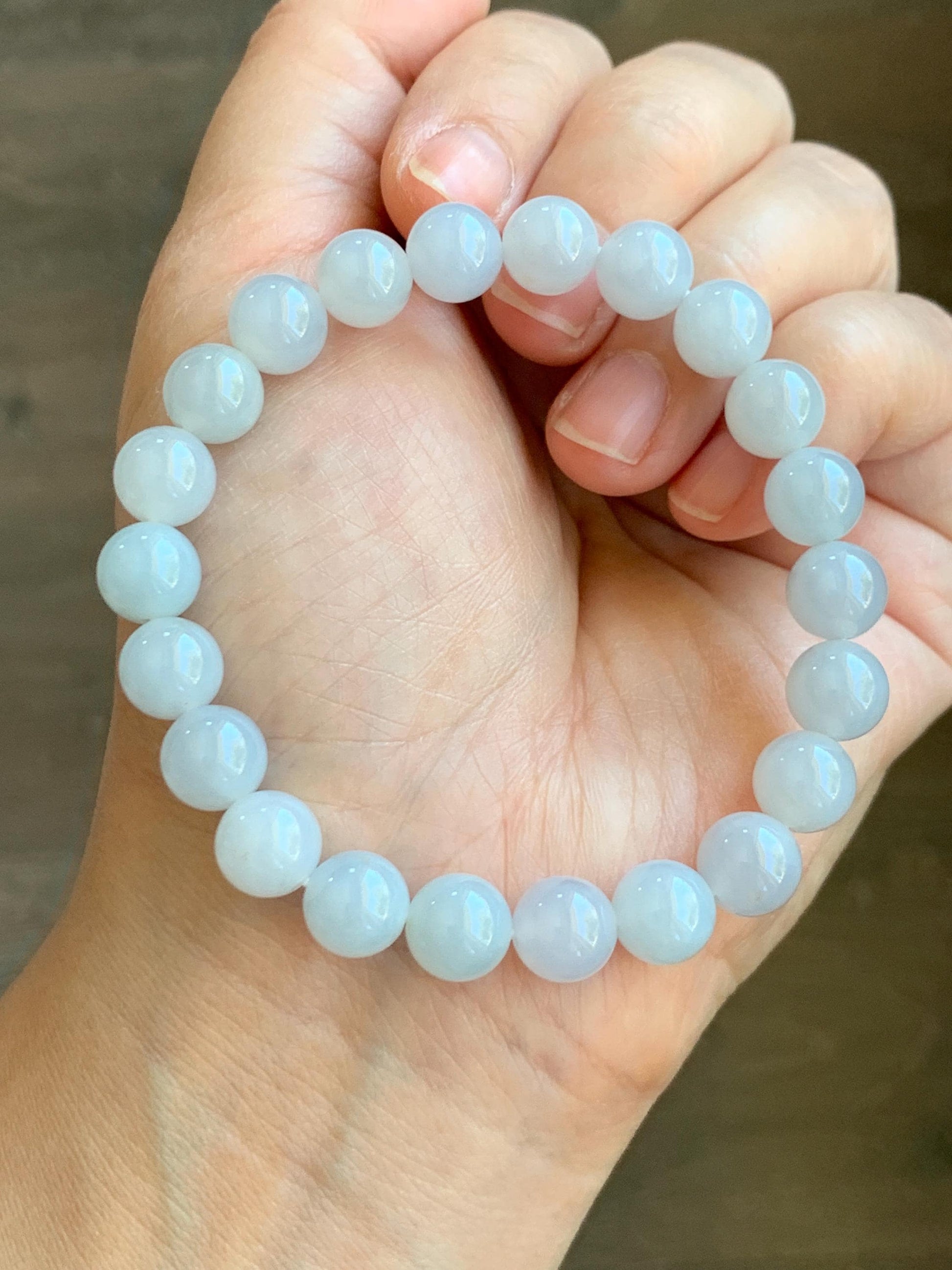 Certified Natural Grade A Icy Translucent Gelatinous Pastel Blue Golden Marbled Jadeite Beaded Bracelet 8.7mm 7.25” 天然老种冰胶淡蓝底撒金翡翠圆珠手串 9409