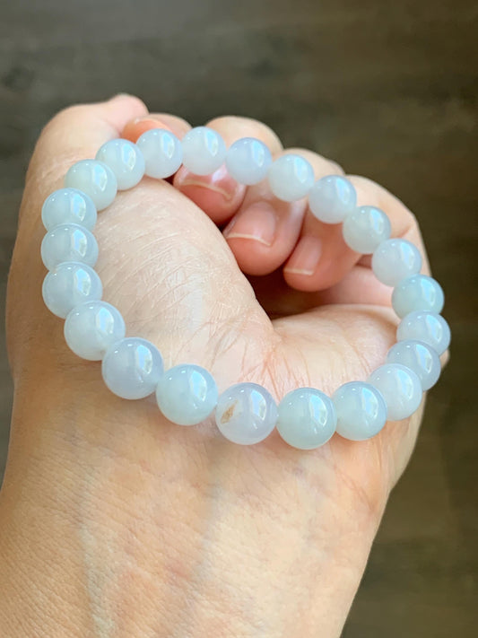 Certified Natural Grade A Icy Translucent Gelatinous Pastel Blue Golden Marbled Jadeite Beaded Bracelet 8.7mm 7.25” 天然老种冰胶淡蓝底撒金翡翠圆珠手串 9409