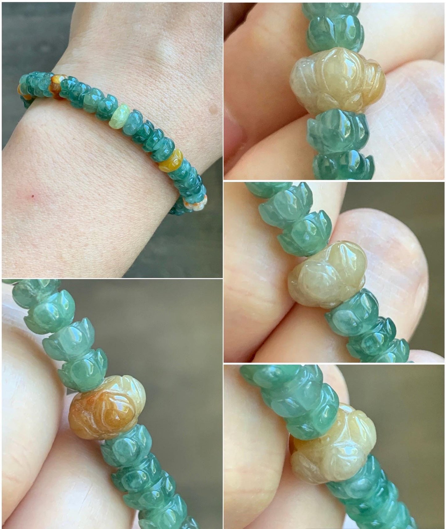 Natural Grade A Icy Translucent Spinach Green Yellow Jade Jadeite Carved Lotus Flower beads Beaded Bracelet 6.75” 天然冰胶菠菜绿翡翠黄翡莲花珠手串 MLL374