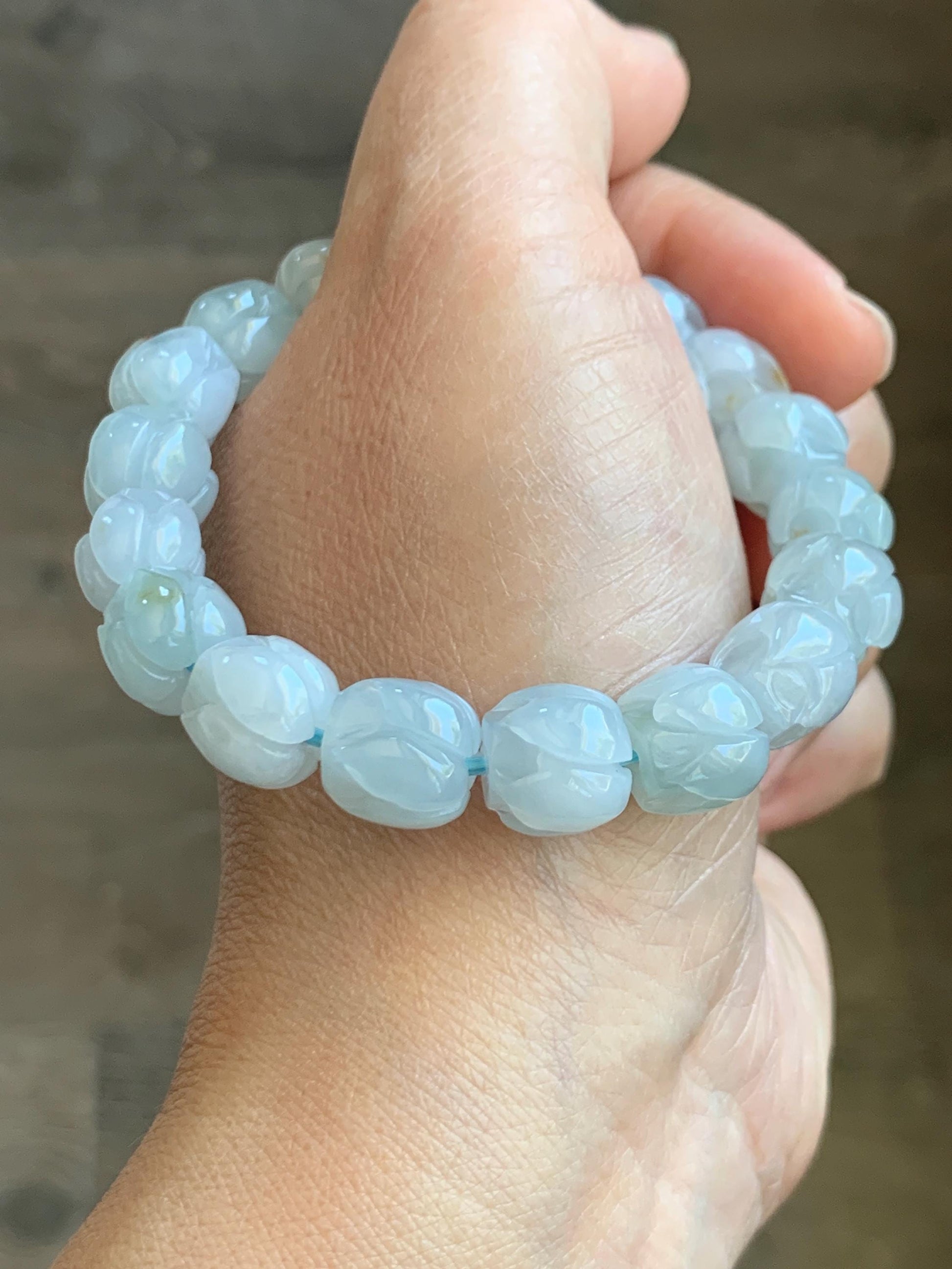 Natural Grade A Icy Translucent Gelatinous Pastel Blue Jadeite Lotus Flower Beads Beaded Bracelet 10.5mm 6.75” 34g 天然冰胶淡蓝撒金翡翠莲花珠手串 DLH380