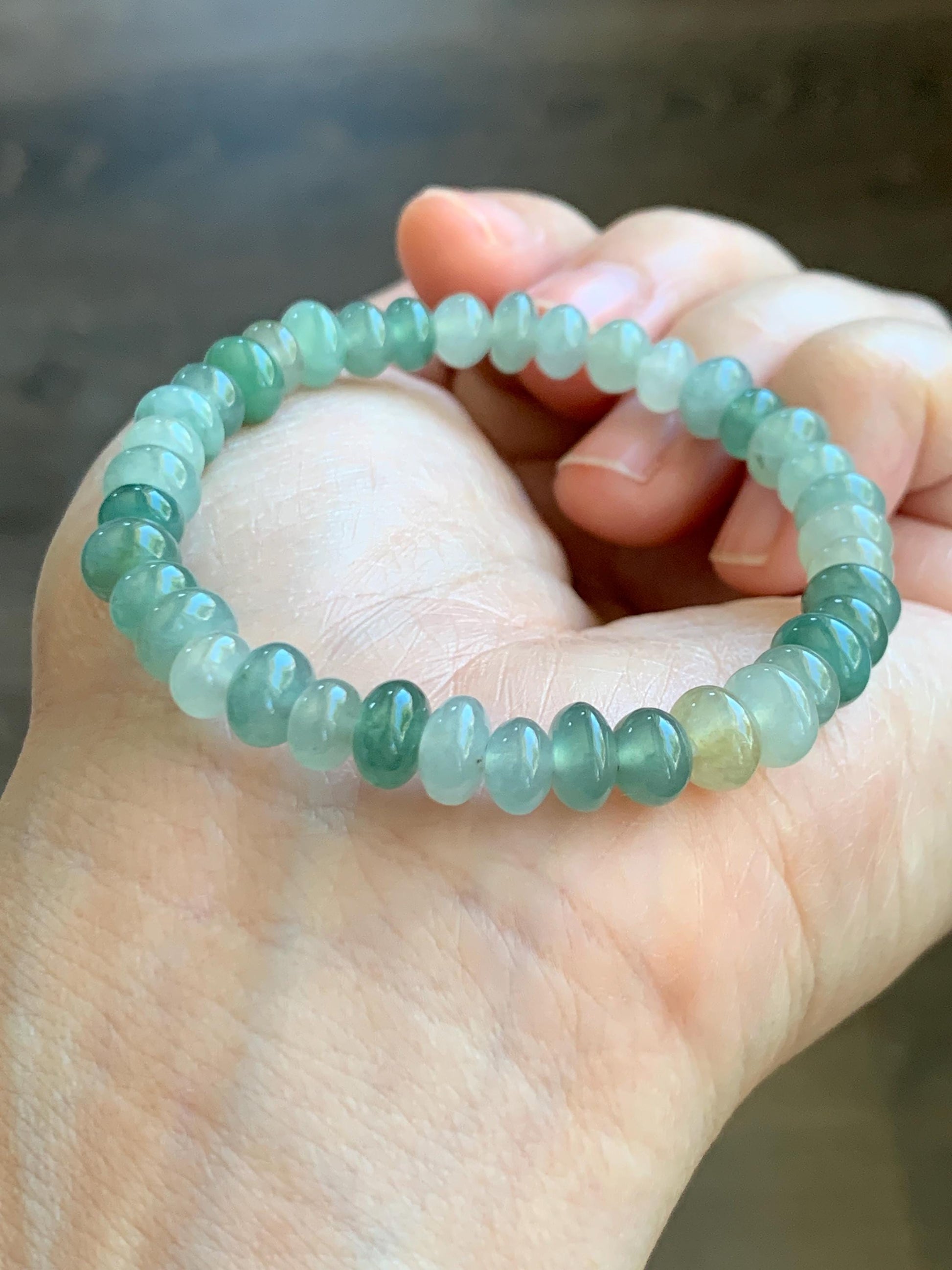 Natural Grade A Icy Translucent Gelatinous Light Green Jade Jadeite Drum Beads Beaded Bracelet 6.25" 14g 天然冰多宝翡翠鼓珠手串 LDB132