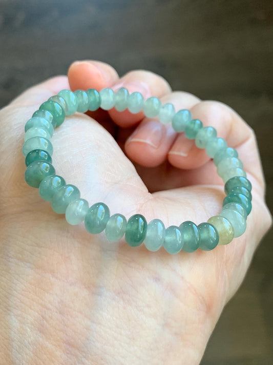 Natural Grade A Icy Translucent Gelatinous Light Green Jade Jadeite Drum Beads Beaded Bracelet 6.25" 14g 天然冰多宝翡翠鼓珠手串 LDB132