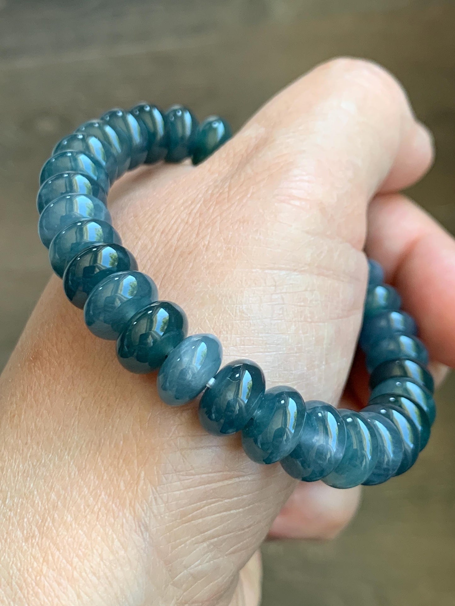 Certified Natural Guatemalan Icy Translucent Dusty Aegean Blue Jadeite Drum Beads Beaded Bracelet Stretchy 7” 34.74g 天然冰危蓝水翡翠鼓珠手串 9405