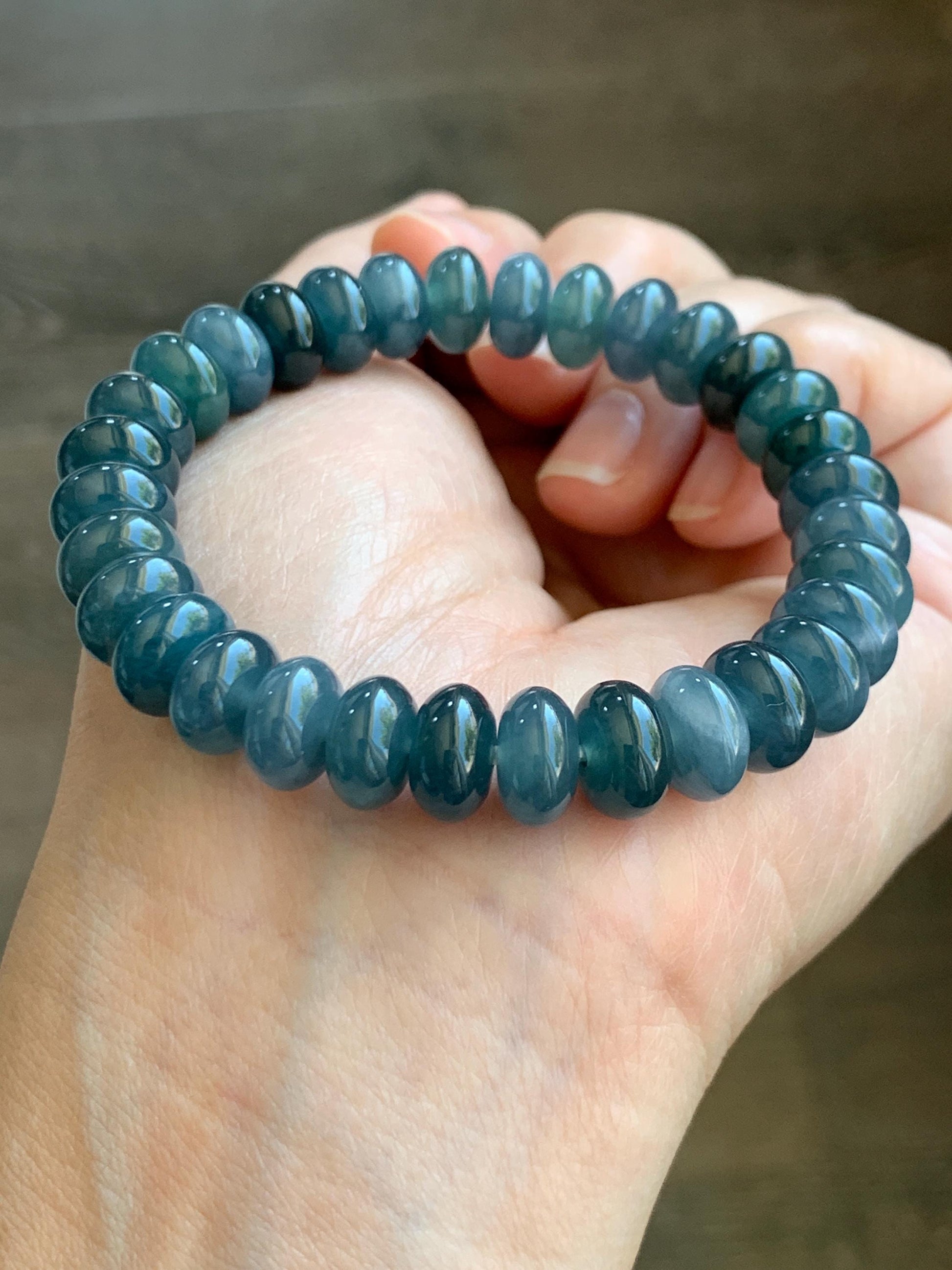 Certified Natural Guatemalan Icy Translucent Dusty Aegean Blue Jadeite Drum Beads Beaded Bracelet Stretchy 7” 34.74g 天然冰危蓝水翡翠鼓珠手串 9405