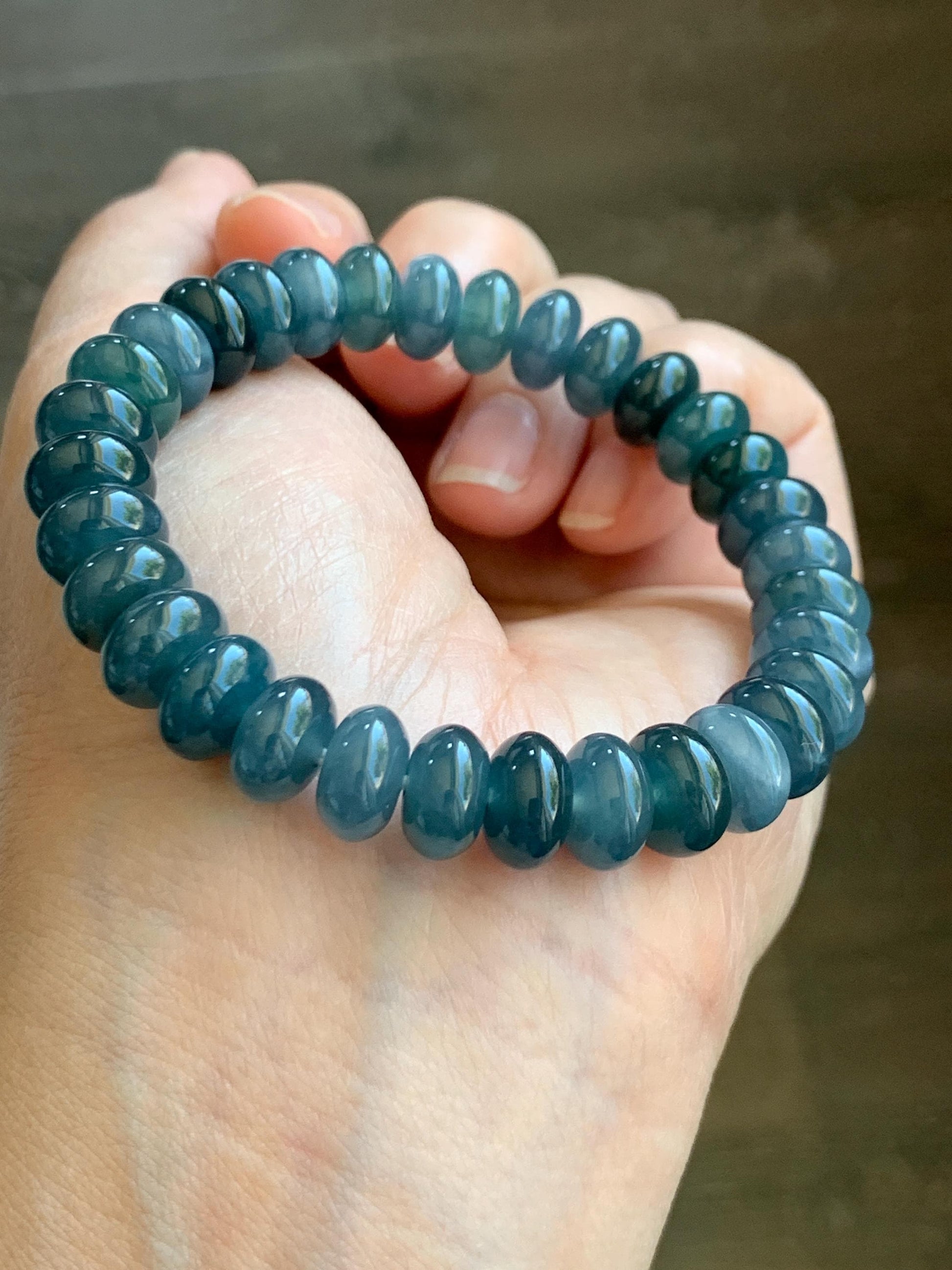 Certified Natural Guatemalan Icy Translucent Dusty Aegean Blue Jadeite Drum Beads Beaded Bracelet Stretchy 7” 34.74g 天然冰危蓝水翡翠鼓珠手串 9405