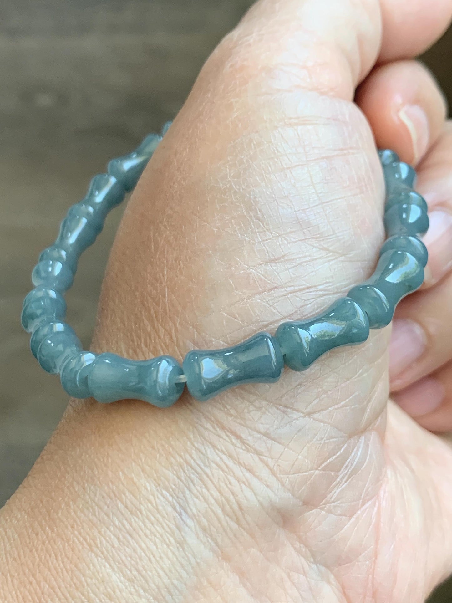 Natural Grade A Guatemalan Icy Translucent Gelatinous Dusty Blue Jadeite Carved Bamboo Stalk Beaded Bracelet 7.5” 14g 天然冰危篮翡翠竹节珠手串 HLZJ132