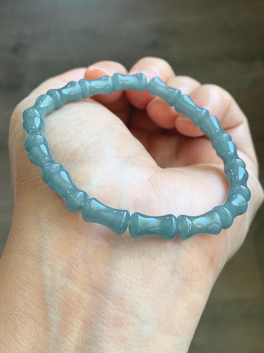 Natural Grade A Guatemalan Icy Translucent Gelatinous Dusty Blue Jadeite Carved Bamboo Stalk Beaded Bracelet 7.5” 14g 天然冰危篮翡翠竹节珠手串 HLZJ132