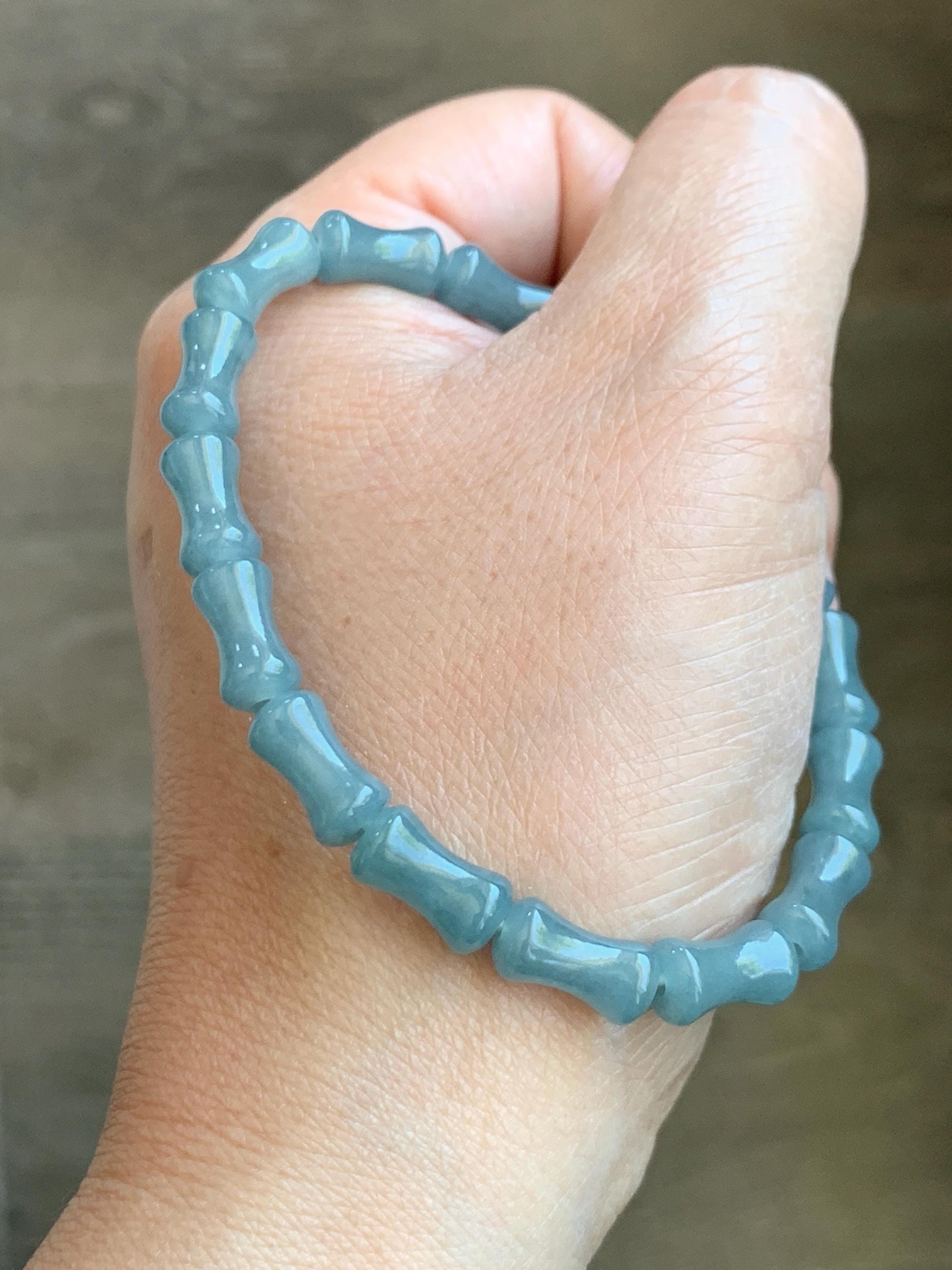 Natural Grade A Guatemalan Icy Translucent Gelatinous Dusty Blue Jadeite Carved Bamboo Stalk Beaded Bracelet 7.5” 14g 天然冰危篮翡翠竹节珠手串 HLZJ132