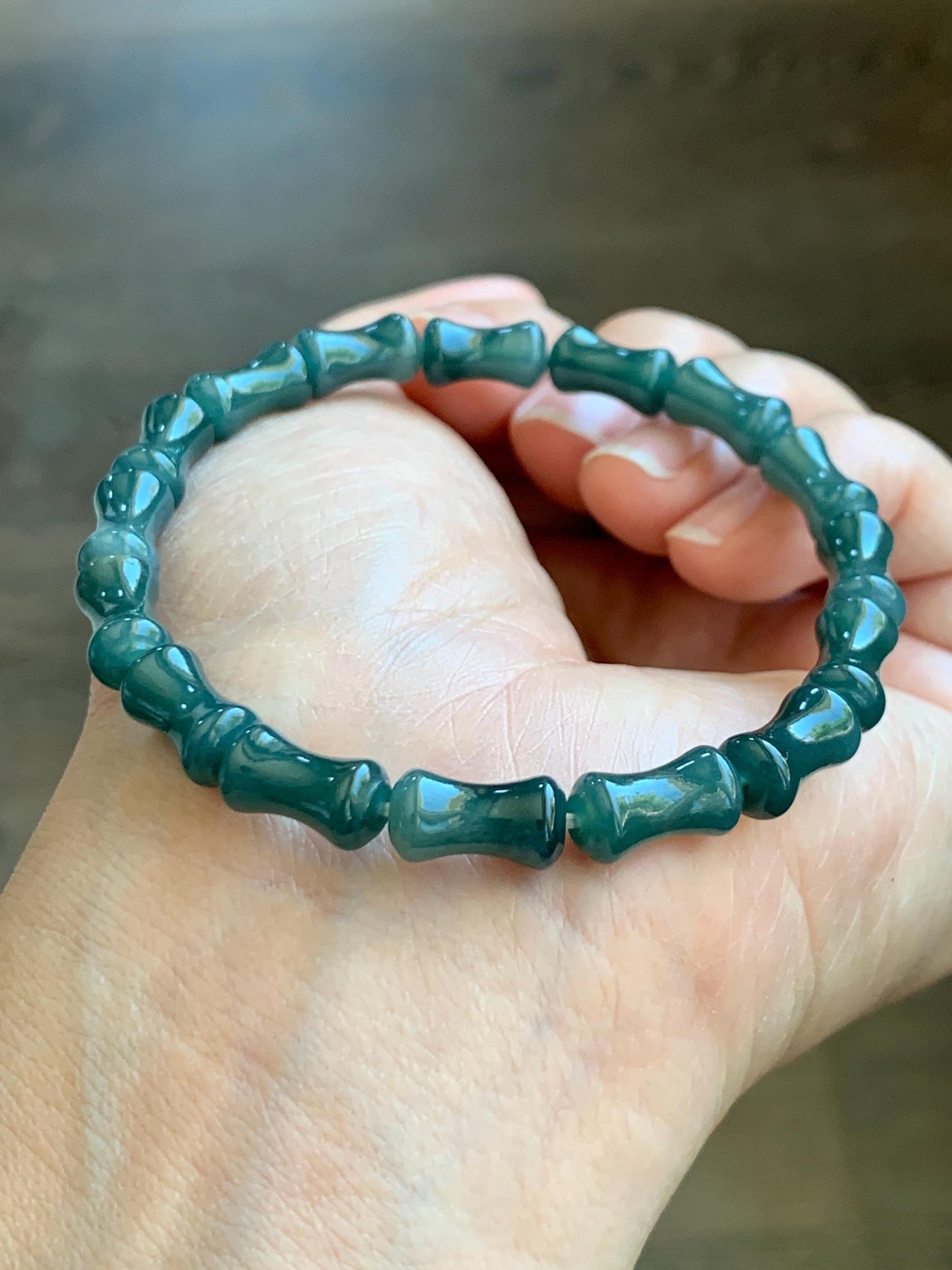 Natural Grade A Guatemalan Icy Translucent Gelatinous Dark Teal Blue Jadeite Carved Bamboo Stalk Beaded Bracelet 7.5” 天然冰危篮翡翠竹节珠手串 SLZJ132