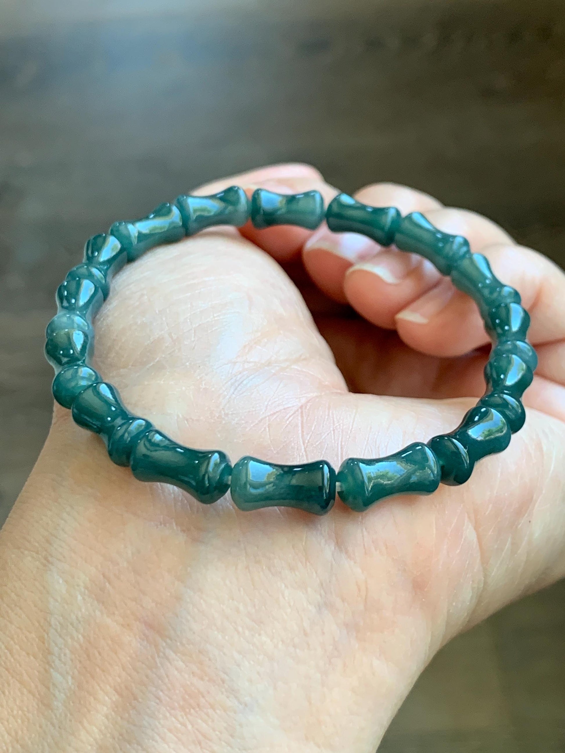 Natural Grade A Guatemalan Icy Translucent Gelatinous Dark Teal Blue Jadeite Carved Bamboo Stalk Beaded Bracelet 7.5” 天然冰危篮翡翠竹节珠手串 SLZJ132