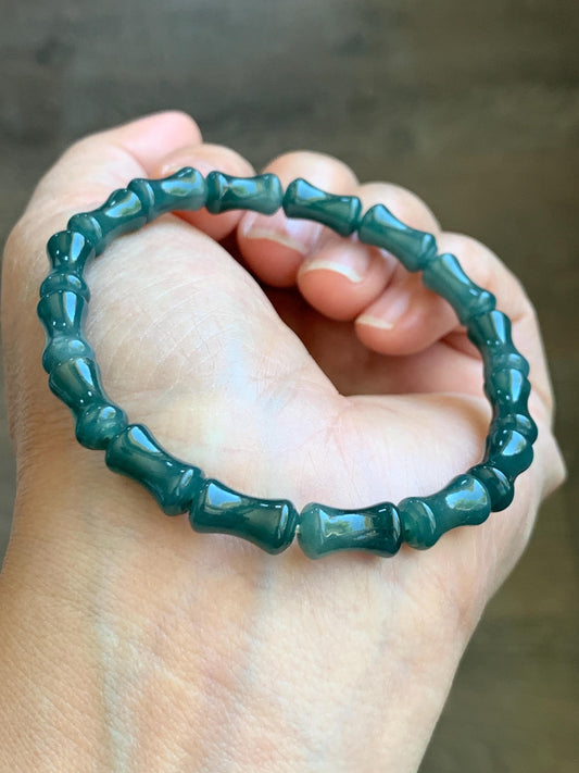 Natural Grade A Guatemalan Icy Translucent Gelatinous Dark Teal Blue Jadeite Carved Bamboo Stalk Beaded Bracelet 7.5” 天然冰危篮翡翠竹节珠手串 SLZJ132