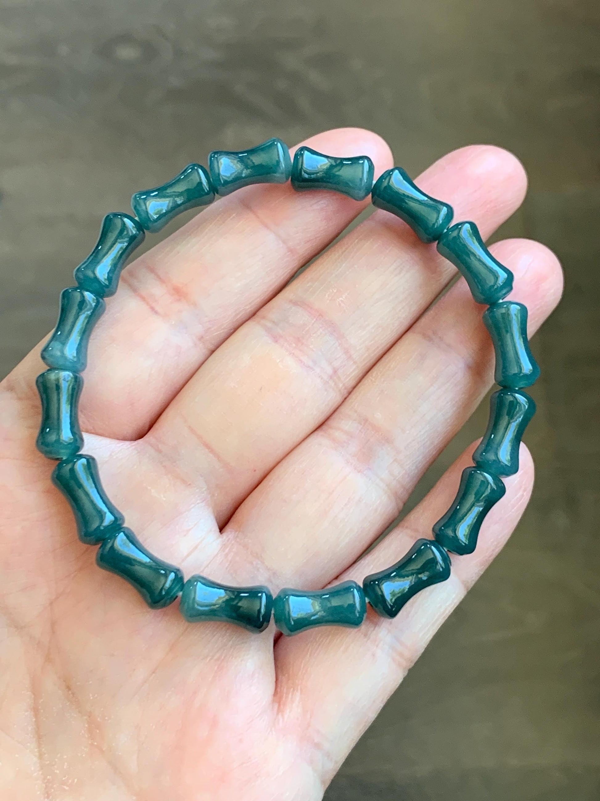 Natural Grade A Guatemalan Icy Translucent Gelatinous Dark Teal Blue Jadeite Carved Bamboo Stalk Beaded Bracelet 7.5” 天然冰危篮翡翠竹节珠手串 SLZJ132