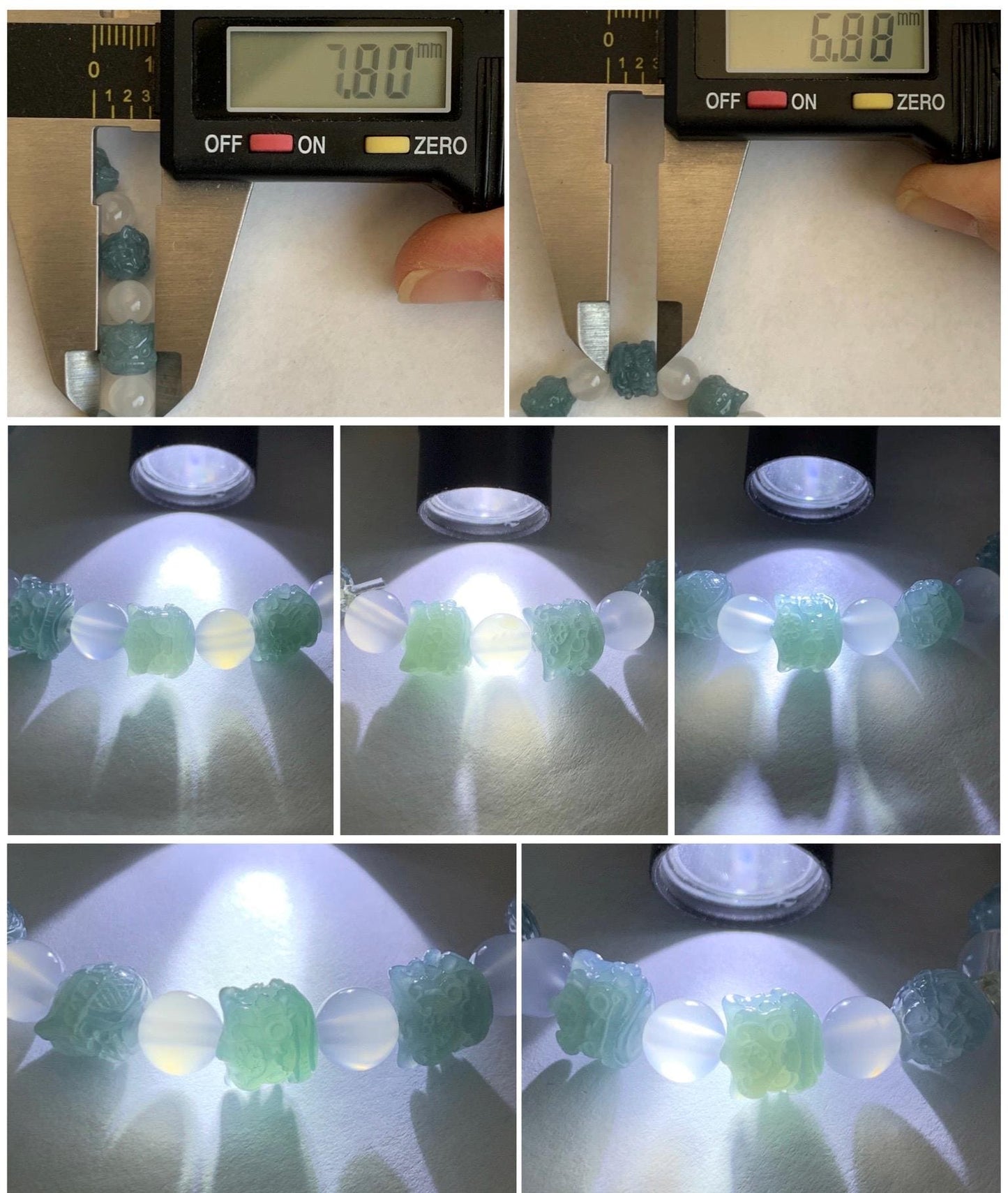Natural Grade A Guatemalan Icy Translucent Gelatinous Blue Jadeite Carved Dancing Lion Heads Beaded Bracelet 6.5” 13g 天然冰危篮翡翠醒狮珠手串 XSZ440