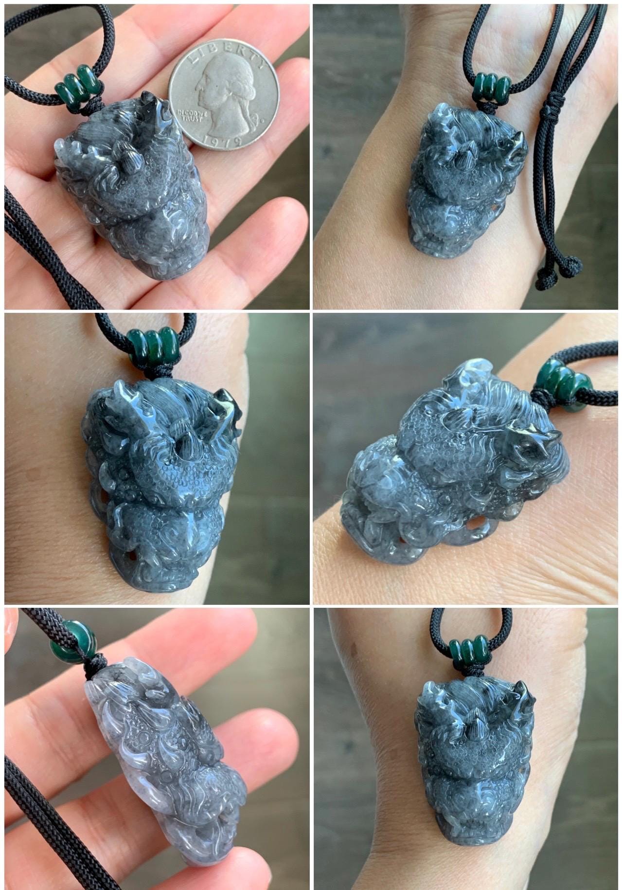 Natural Grade A Icy Translucent Wuji Jadeite Carved Dragon Head Wu Dao Enlightenment Pendant Rope Necklace 28" 29g 天然冰蓝乌鸡翡翠精工龙头吾道吊坠 MWJL220